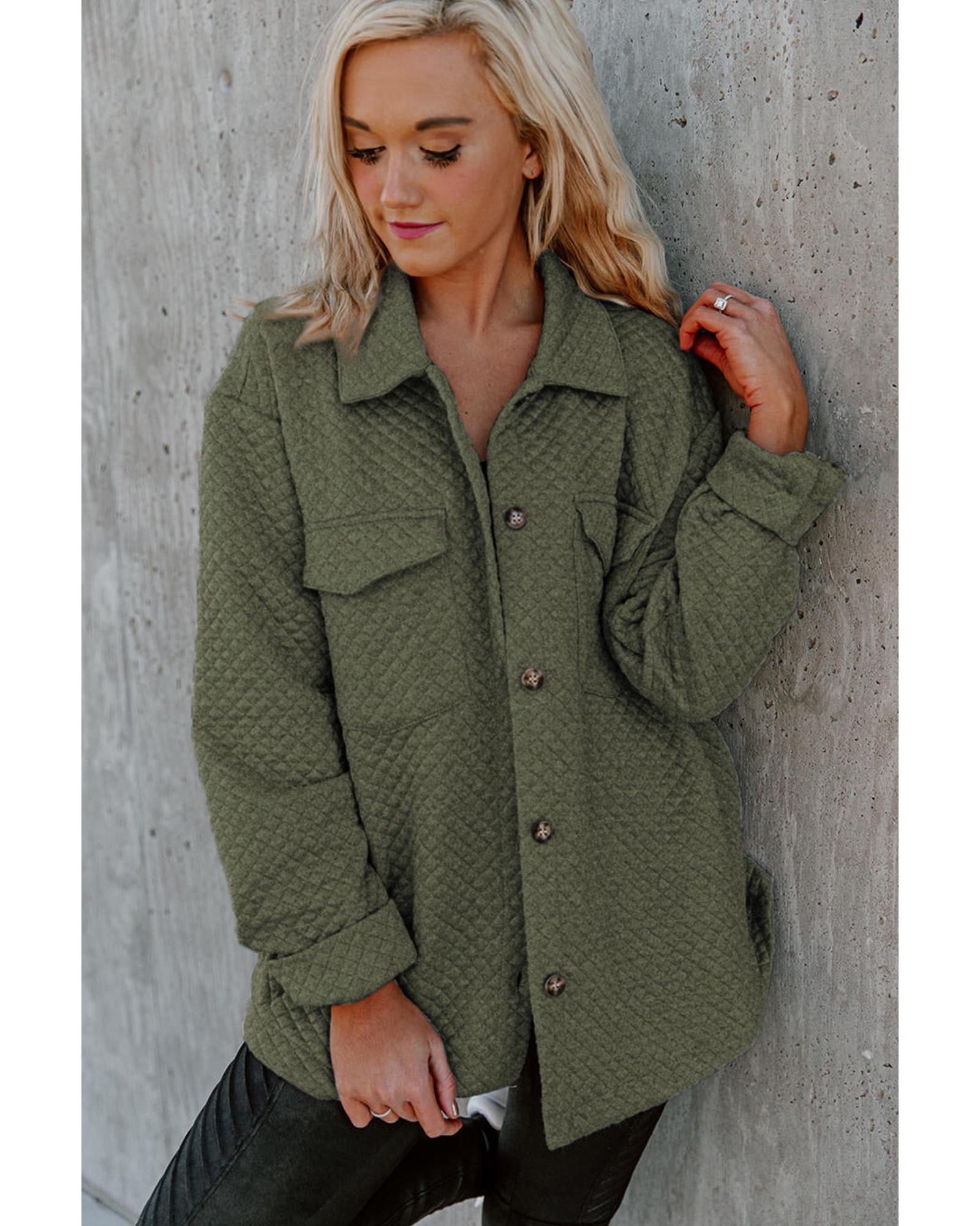 V539-AZEXDC854301-9-S-202506151547-00 Green Retro Quilted Flap Pocket Button Shacket - S - Image 1