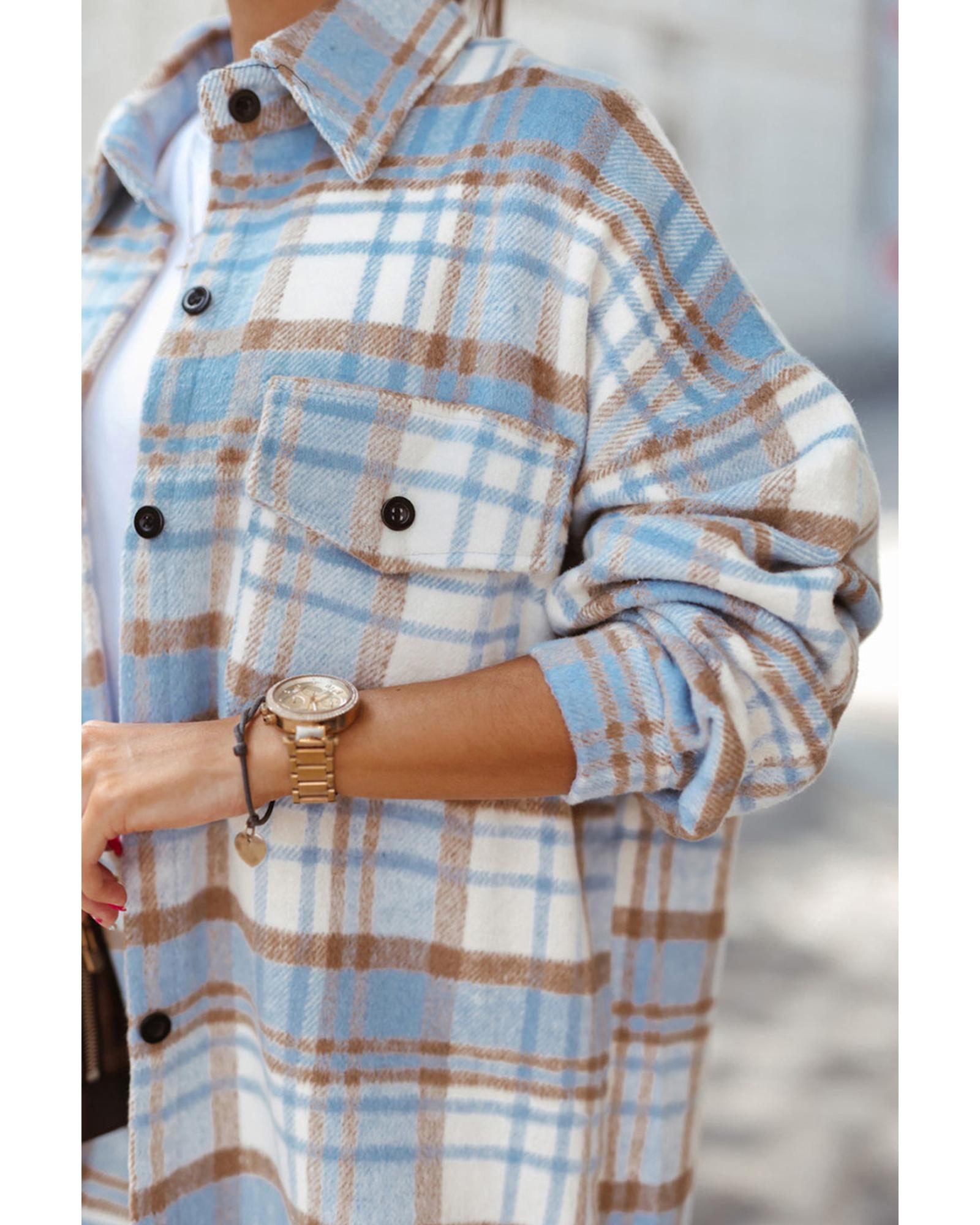 V539-AZEXDC854330-4-XL-202508292345-00 Sky Blue Plaid Flap Pocket Long Sleeve Shacket - XL - Image 1