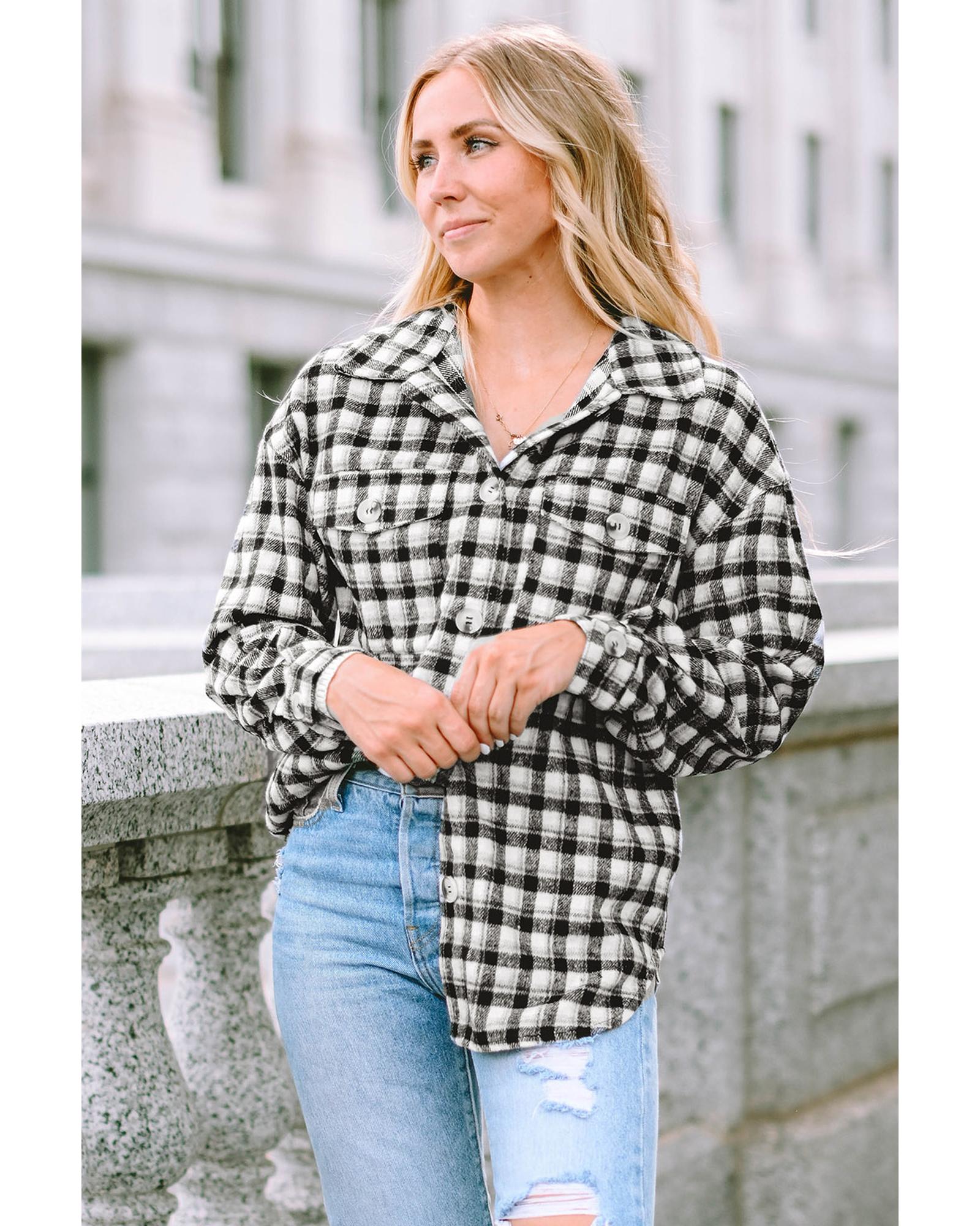 V539-AZEXDC854400-2-XL-202508281755-00 Black Plaid Print Chest Pockets Buttoned Tunic Shacket - XL - Image 1