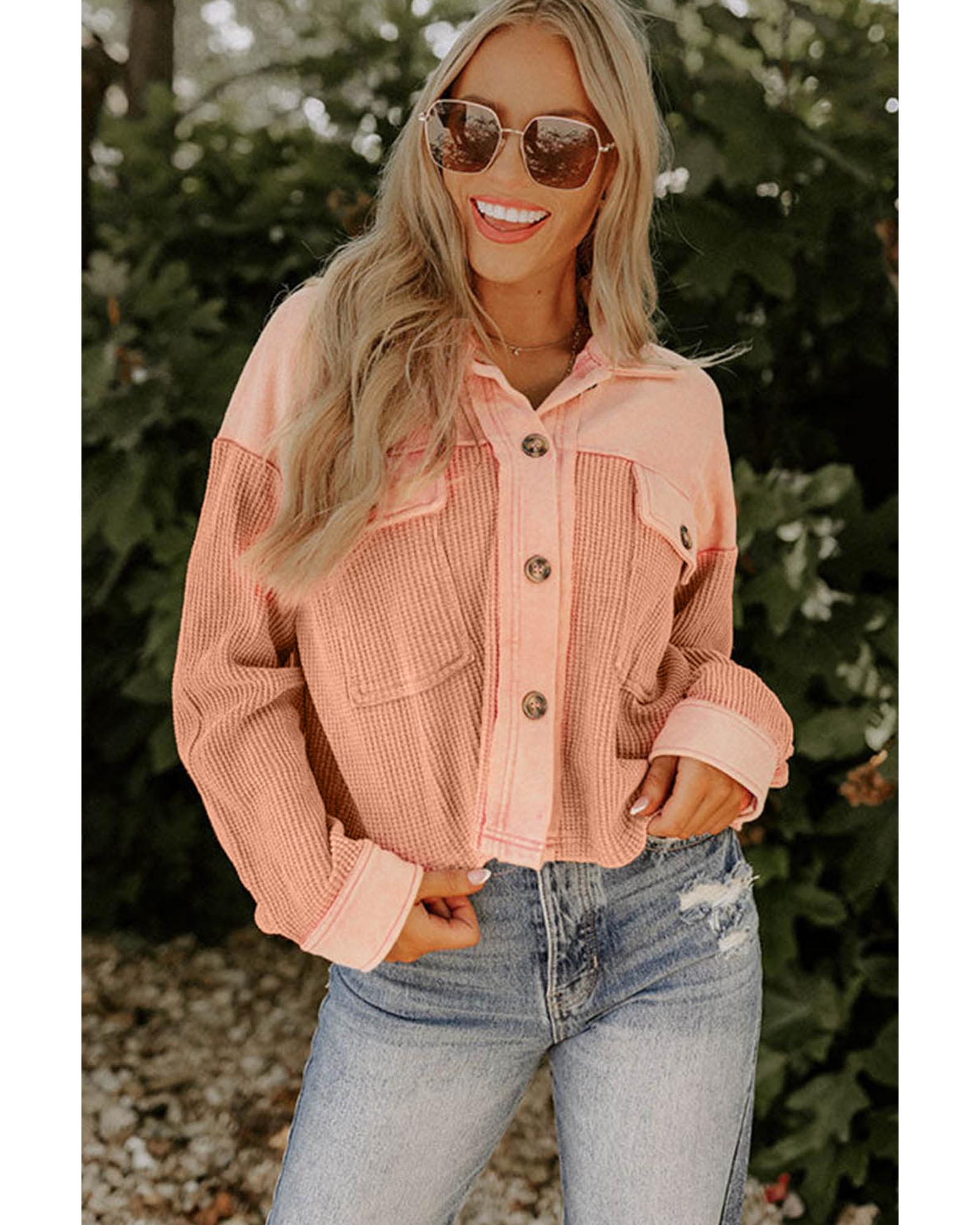 V539-AZEXDC854405-14-L-202508282100-00 Orange Textured Waffle Knit Chest Pockets Cropped Shacket - L - Image 1