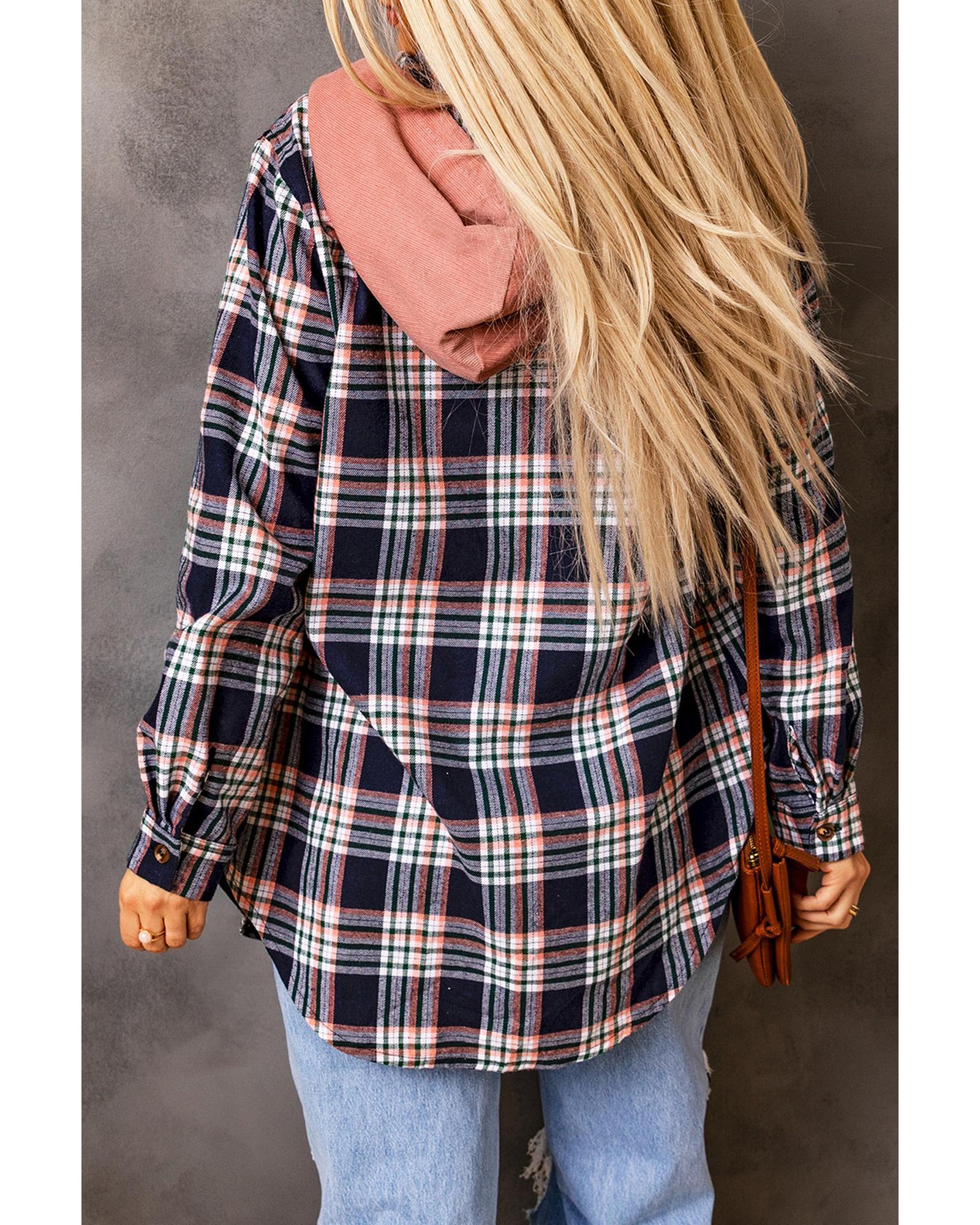 V539-AZEXDC854437-10-M-202508280410-00 Pink Contrast Hooded Drawstring Plaid Shacket - M - Image 1