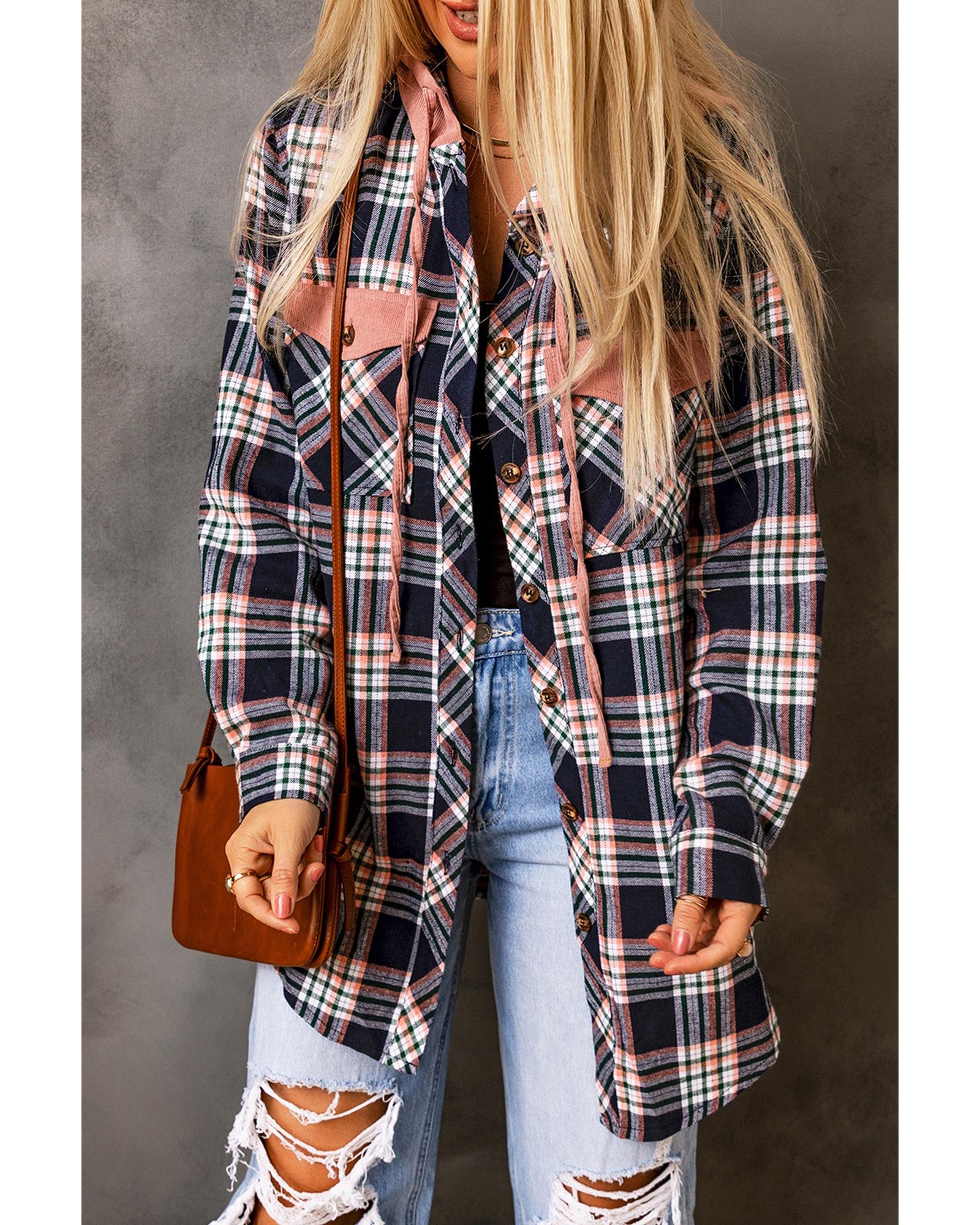 V539-AZEXDC854437-10-XL-202508281010-00 Pink Contrast Hooded Drawstring Plaid Shacket - XL - Image 1