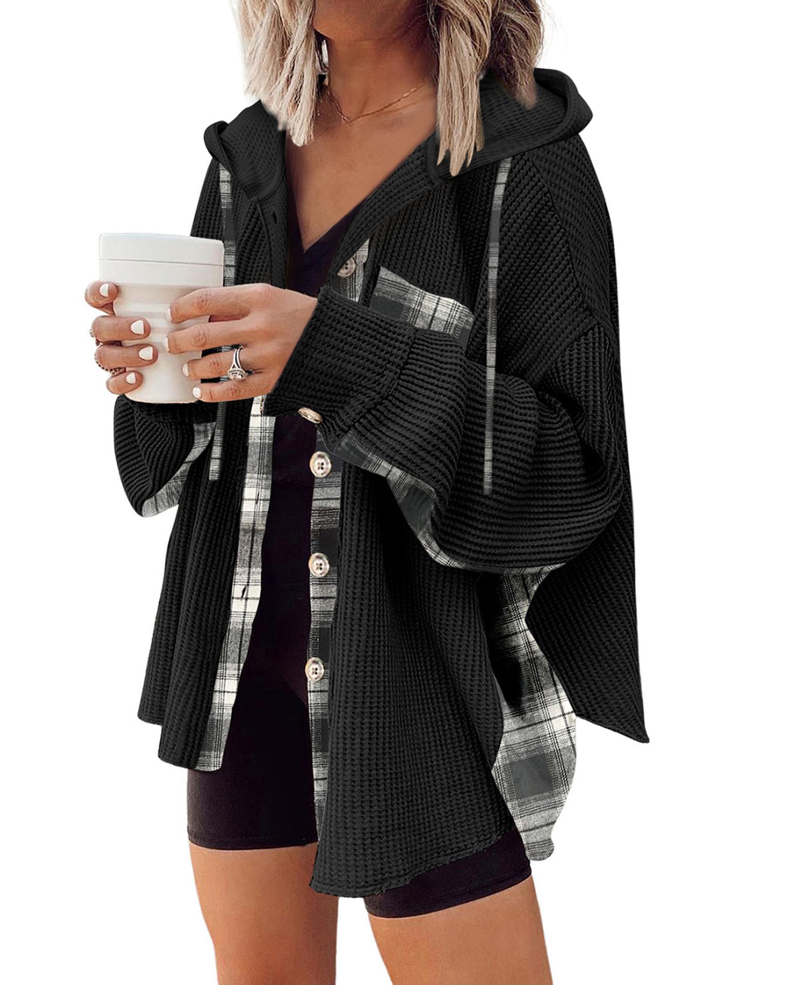 V539-AZEXDC854590-P2-M-202508310110-00 Black Waffle Knit Plaid Patchwork Drawstring Hooded Shacket - M - Image 1