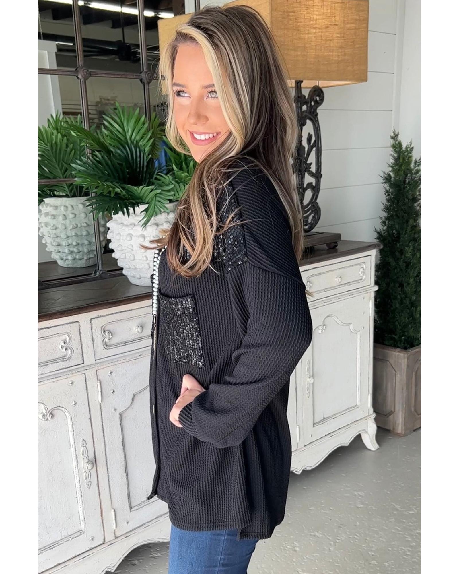 V539-AZEXDC854652-P2-L-202506152016-00 Black Sequin Patch Chest Pocket Corded Shacket - L - Image 1