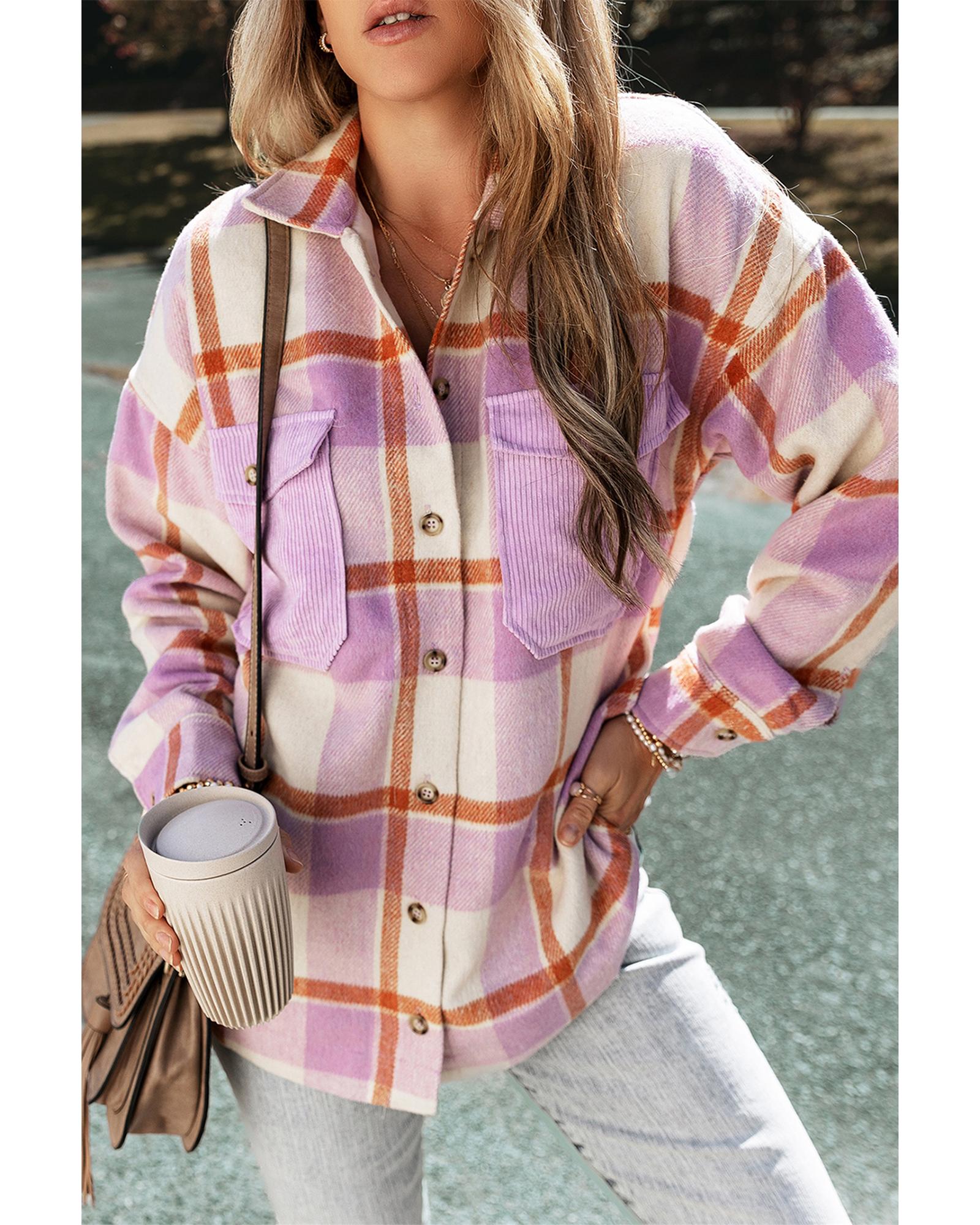 V539-AZEXDC854656-P822-XL-202508310130-00 Purple Corduroy Pockets Brushed Checkered Shacket - XL - Image 1