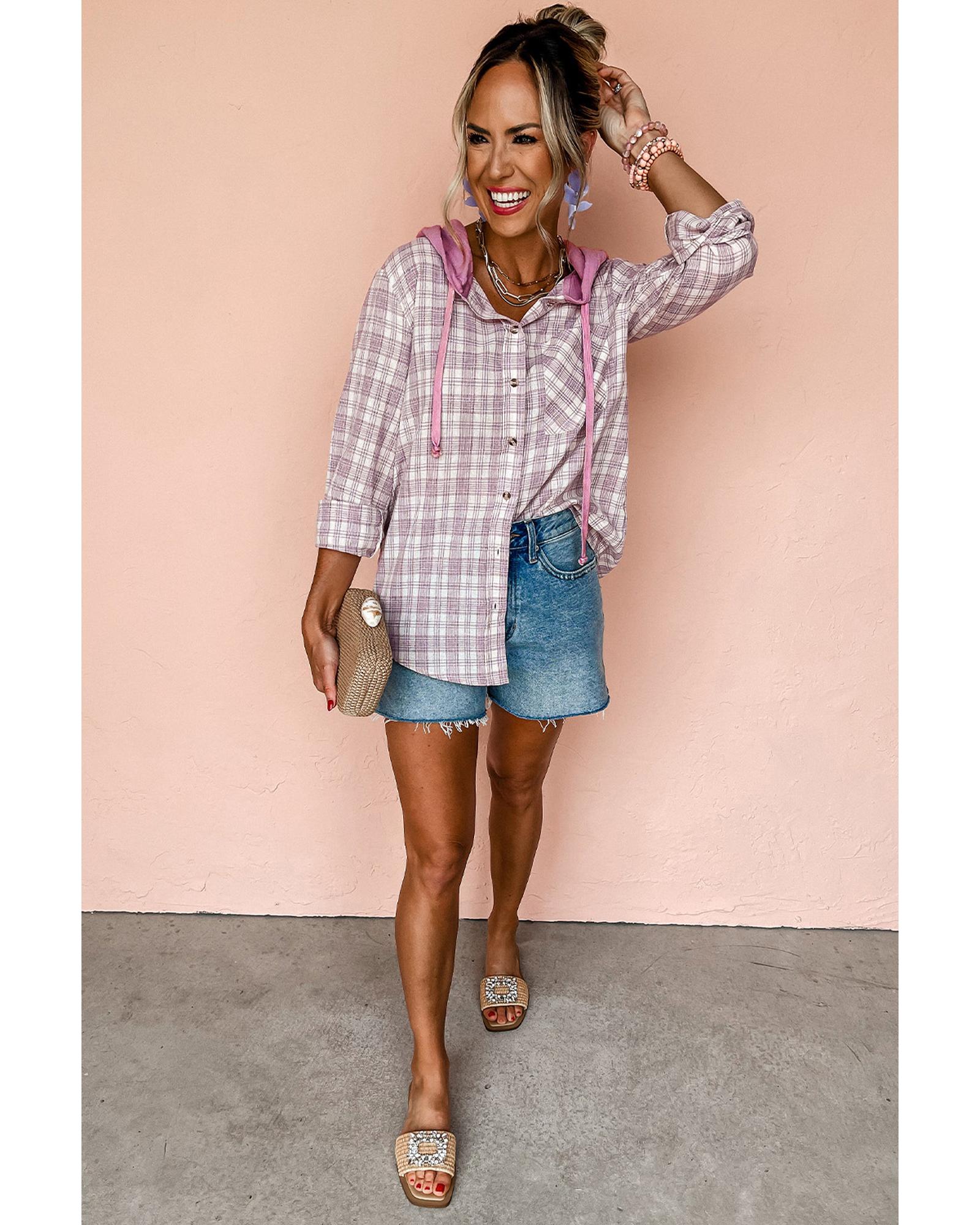 V539-AZEXDC854721-P1020-M-202508300840-00 Pink Checkered Print Loose Fit Buttoned Hooded Shacket - M - Image 1