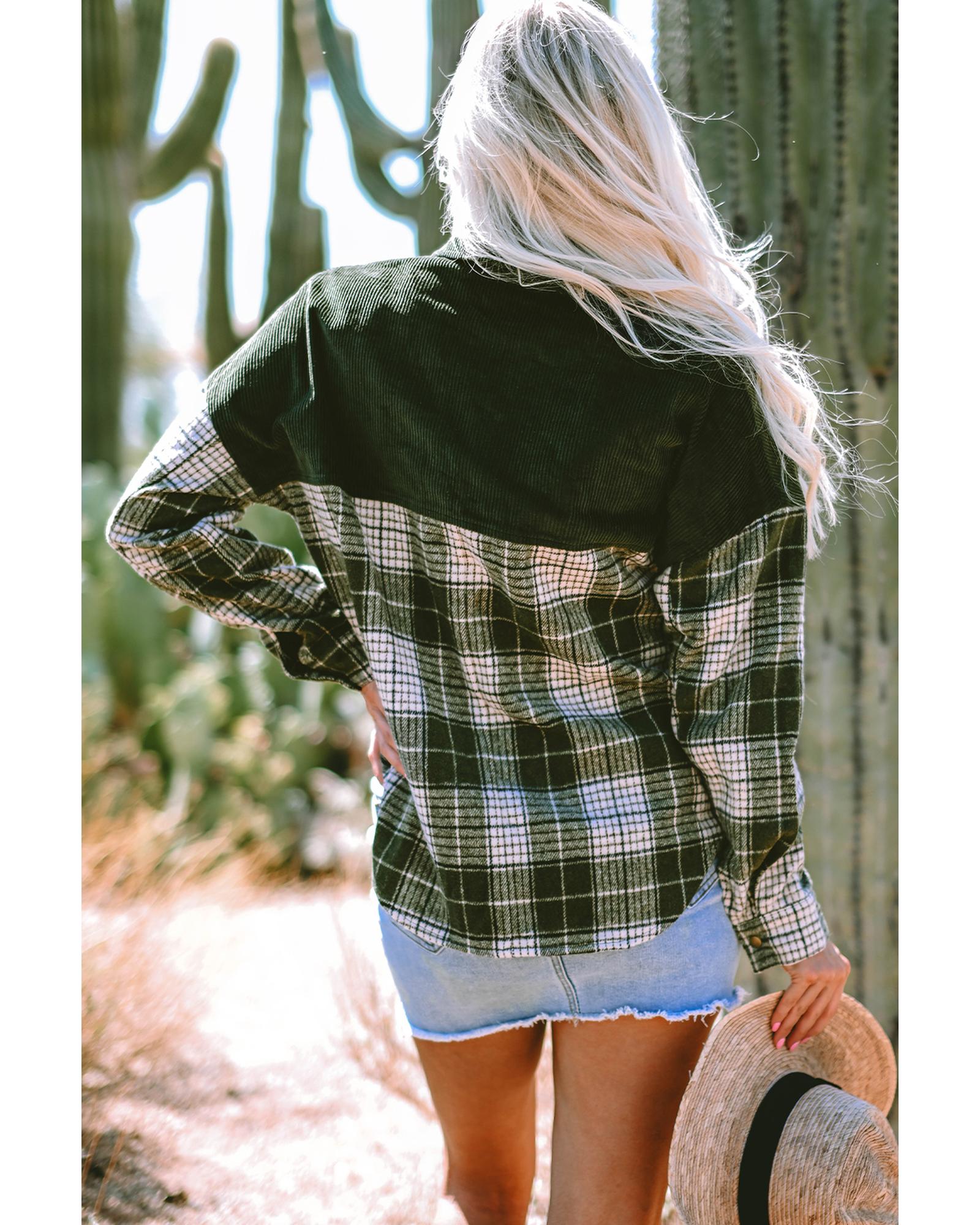 V539-AZEXDC854726-P309-L-202508301800-00 Blackish Green Snap Buttons Colorblock Plaid Shacket - L - Image 1
