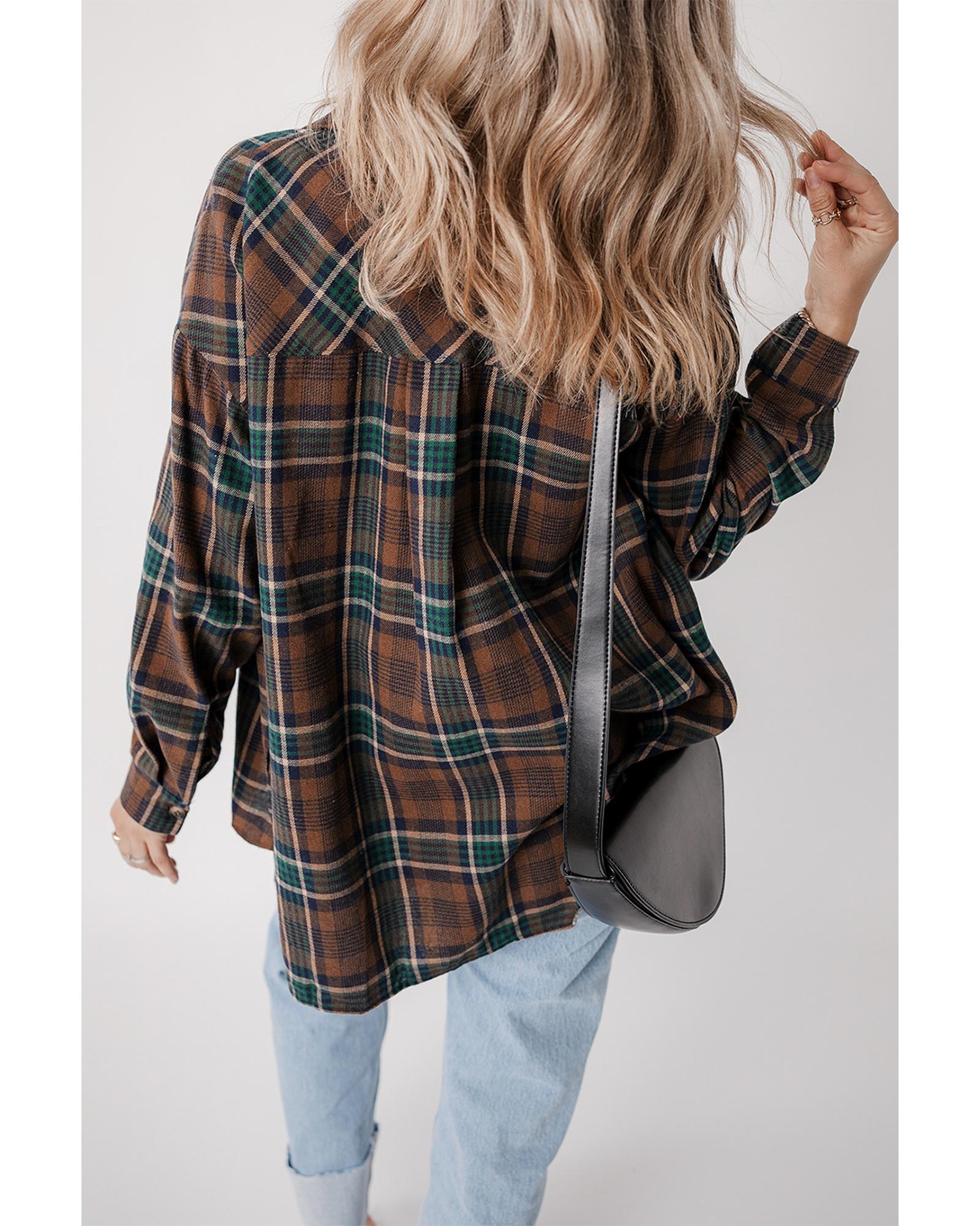 V539-AZEXDC854735-P1722-L-202508310230-00 Brown Plaid Print Chest Pockets Buttoned Shirt Jacket - L - Image 1