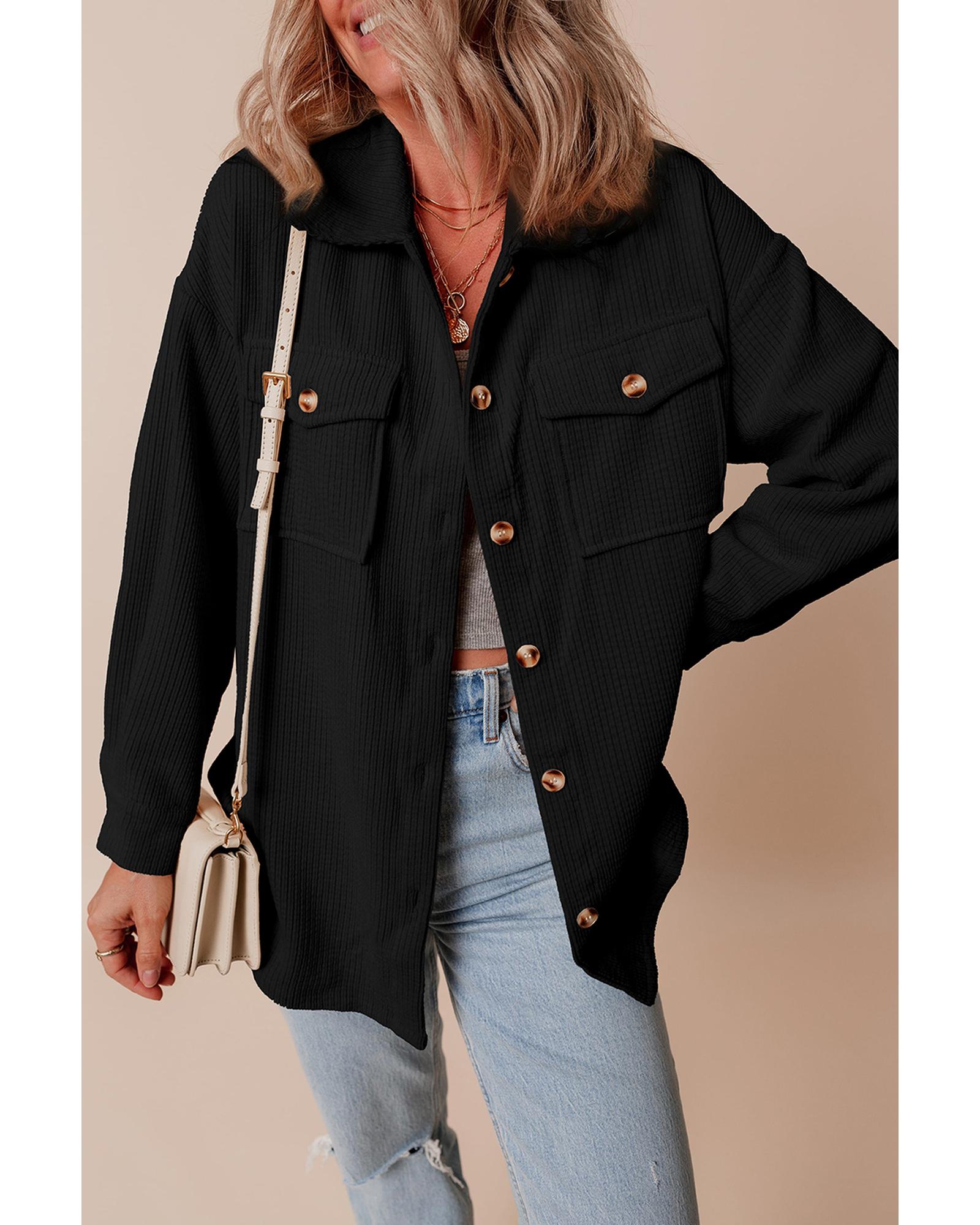 V539-AZEXDC854741-P2-M-202508311220-00 Black Corduroy Flap Pocket Button Up Shacket - M - Image 1