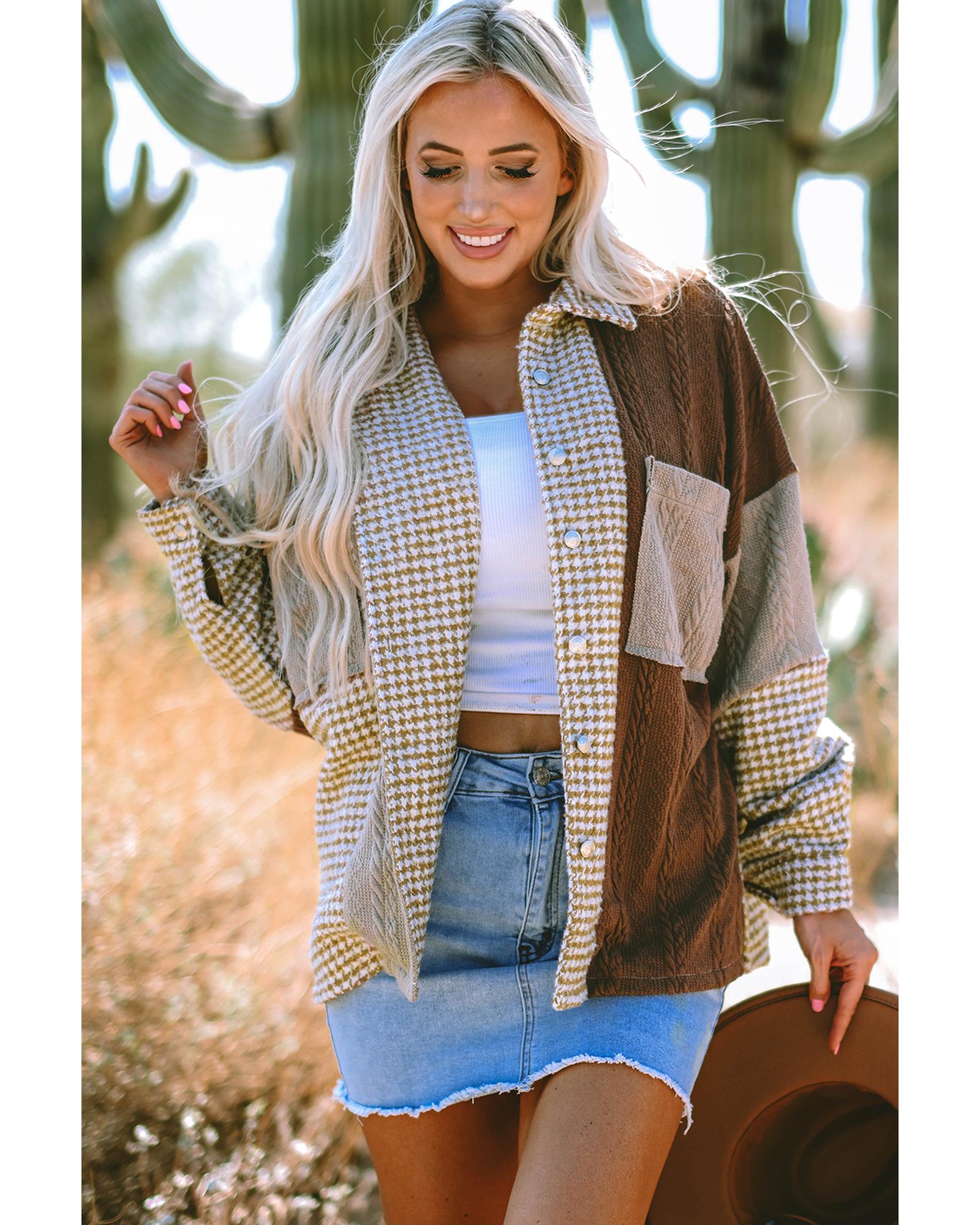 V539-AZEXDC854749-P1622-M-202506181717-00 Khaki Houndstooth Color Contrast Textured Patchwork Loose Shacket - M - Image 1