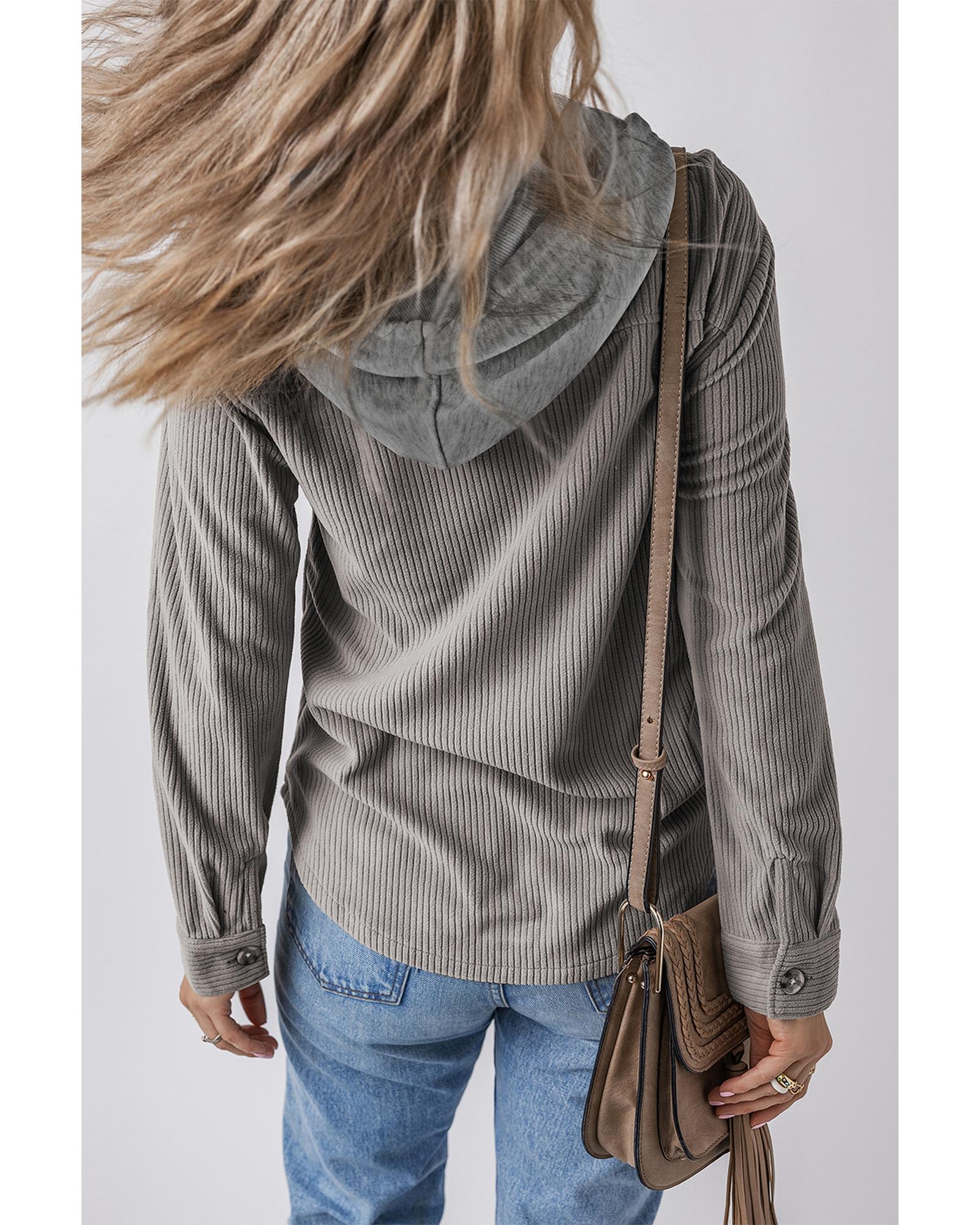 V539-AZEXDC854755-P1011-L-202508310910-00 Light Grey Hooded Drawstring Pockets Corduroy Shacket - L - Image 1