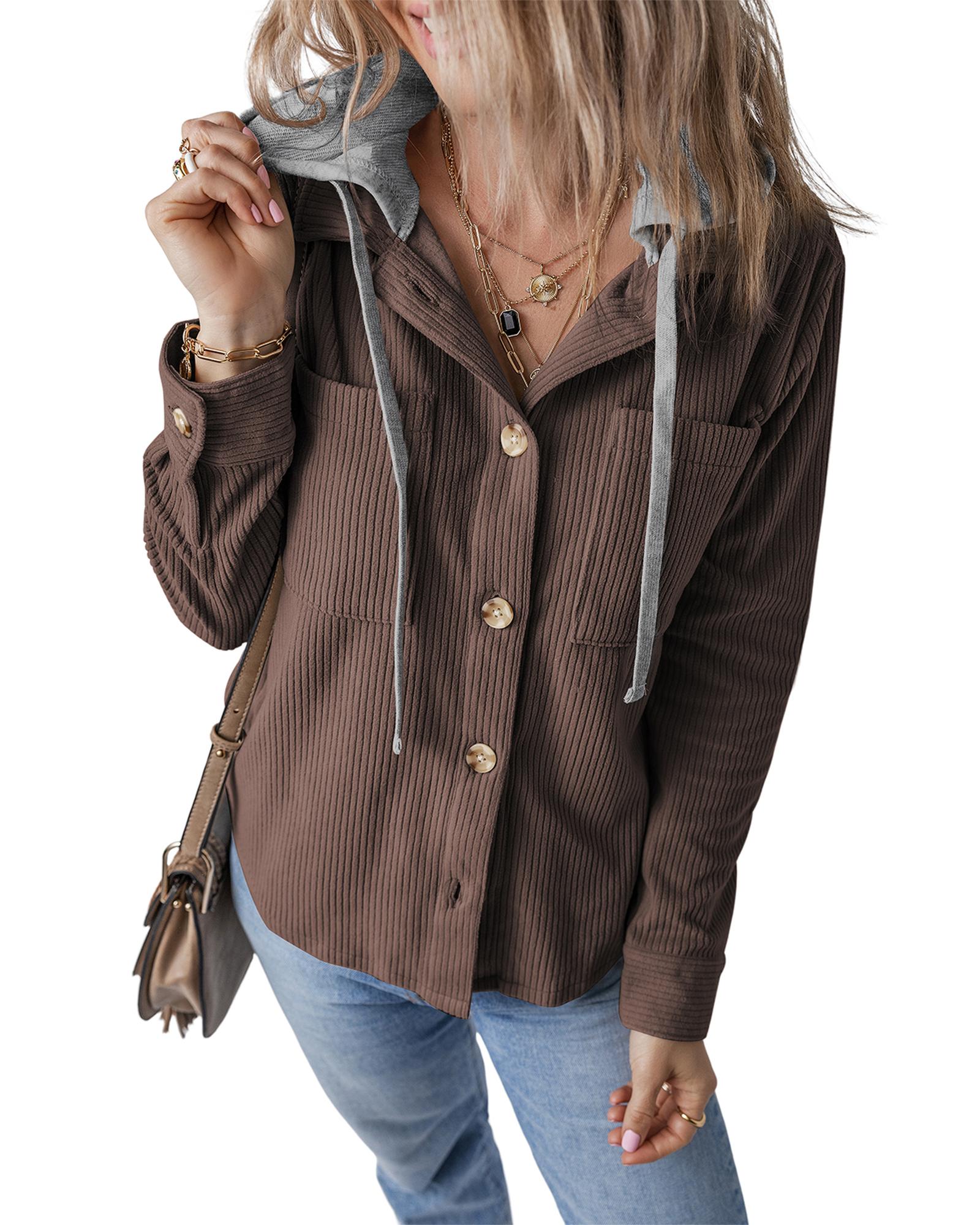 V539-AZEXDC854755-P1017-S-202506181726-00 Coffee Hooded Drawstring Pockets Corduroy Shacket - S - Image 1