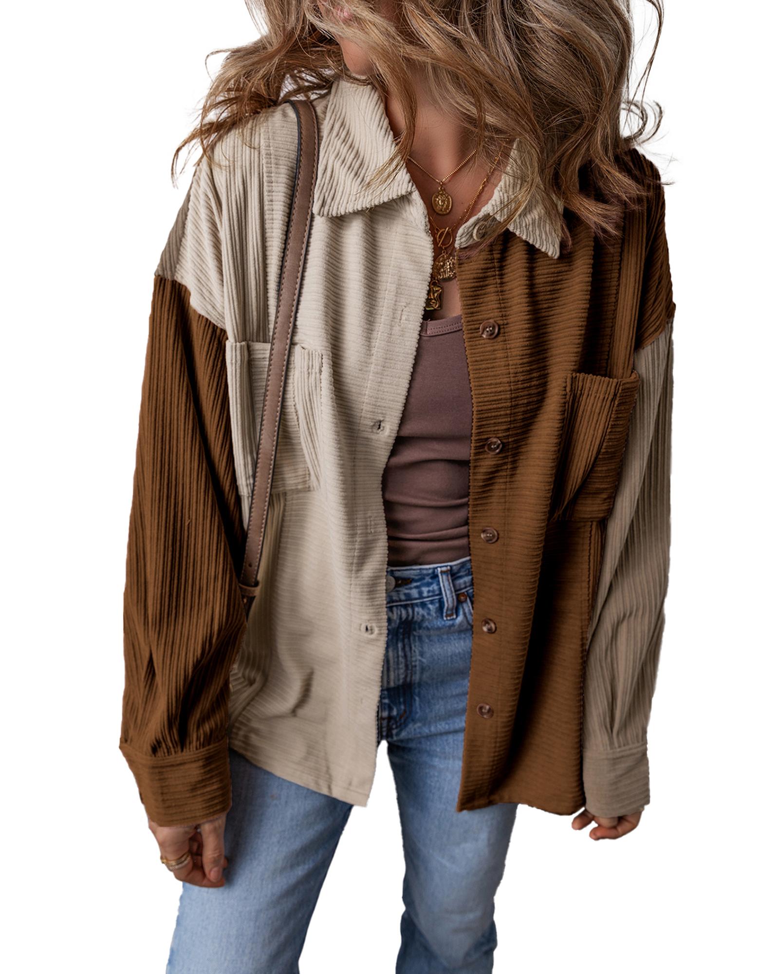 V539-AZEXDC854767-P1722-L-202508310340-00 Brown Color Block Chest Pockets Buttoned Corduroy Shacket - L - Image 1
