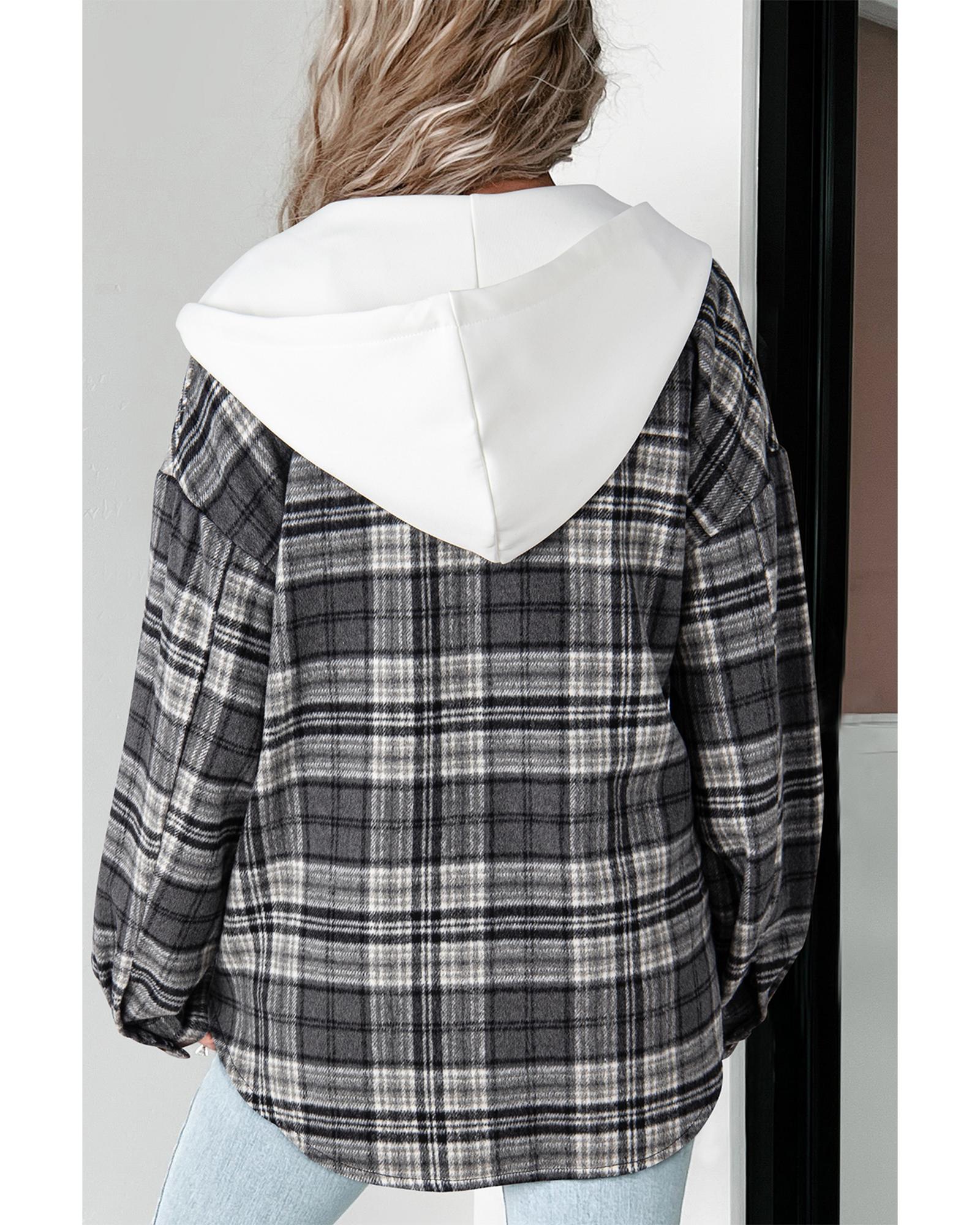 V539-AZEXDC854794-P222-M-202508310850-00 Black Plaid Print Flap Pockets Contrast Hooded Loose Shacket - M - Image 1