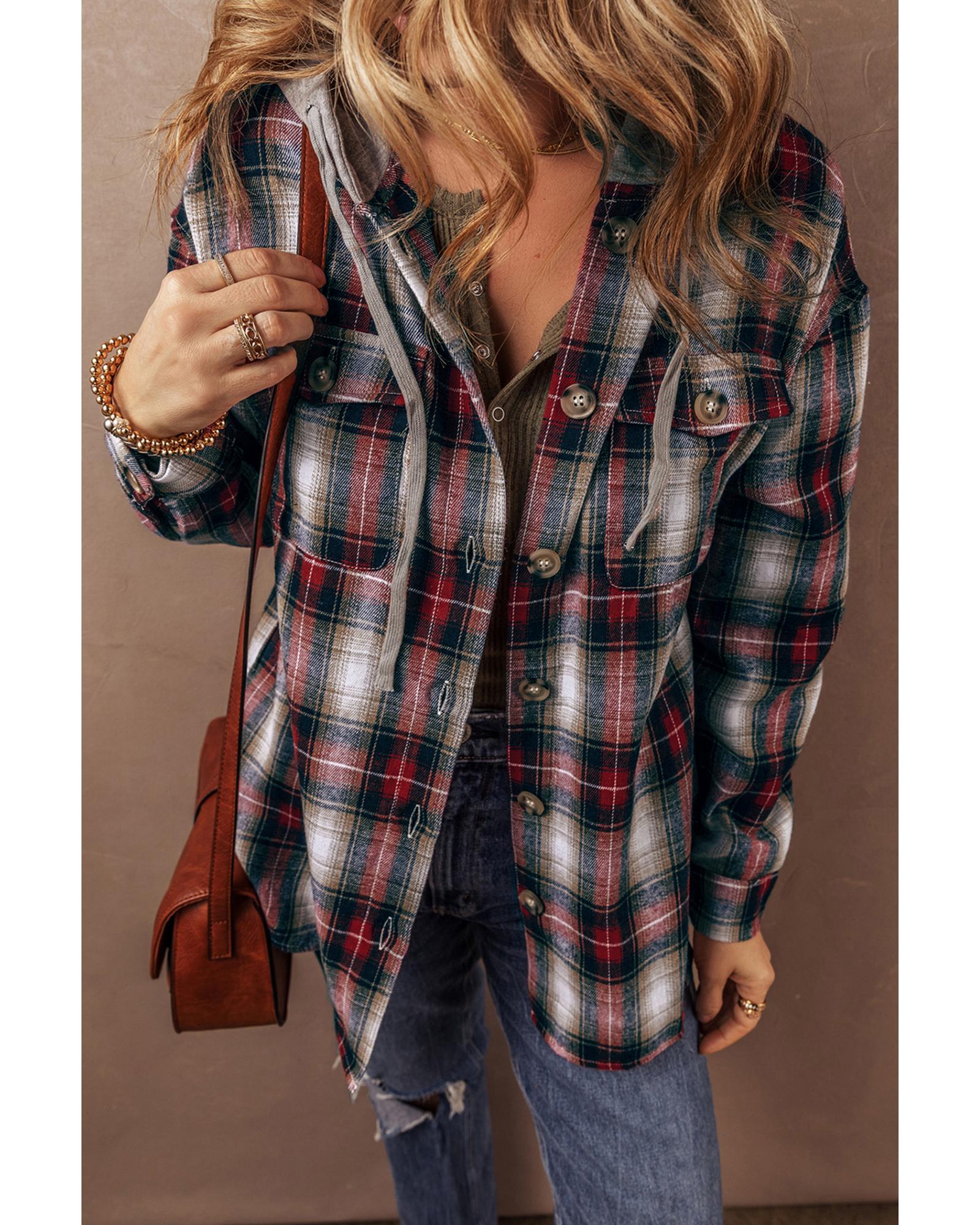 V539-AZEXDC854814-P322-L-202508310300-00 Red Plaid Print Chest Pocket Buttoned Hooded Shacket - L - Image 1