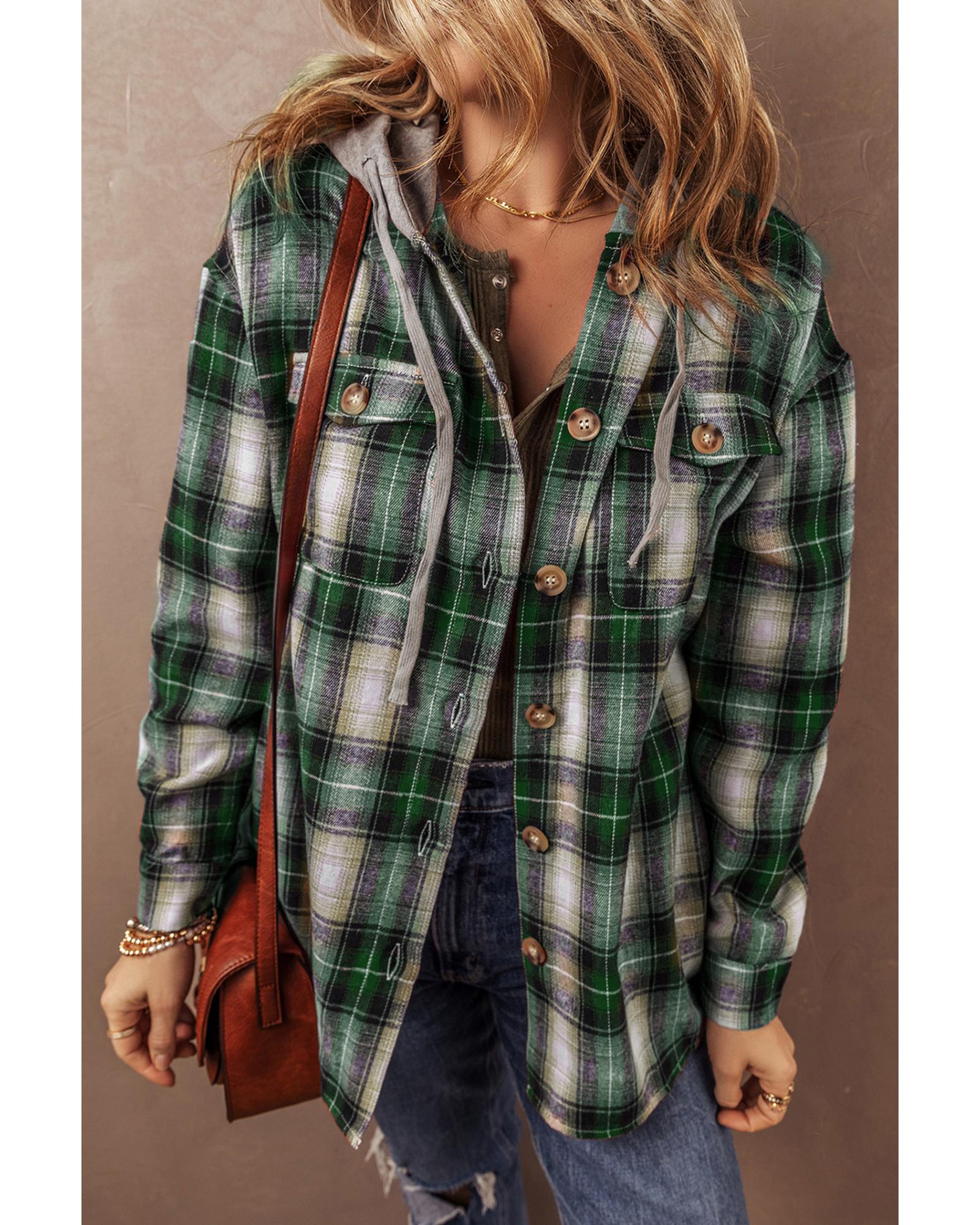 V539-AZEXDC854814-P922-M-202508310500-00 Green Plaid Print Chest Pocket Buttoned Hooded Shacket - M - Image 1
