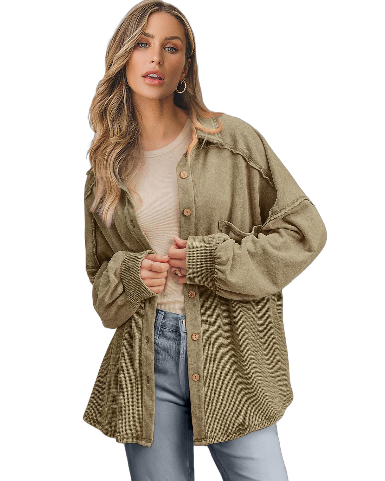 V539-AZEXDC854815-P1609-2XL-202508310605-00 Moss Green Waffle Knit Patchwork Buttoned Oversized Shacket - 2XL - Image 1