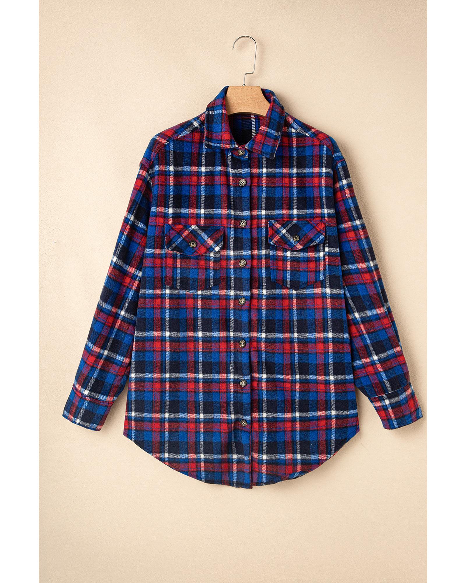 V539-AZEXDC854817-P605-M-202508311000-00 Navy Blue Plaid Flap Pocket Button Up Shacket - M - Image 1
