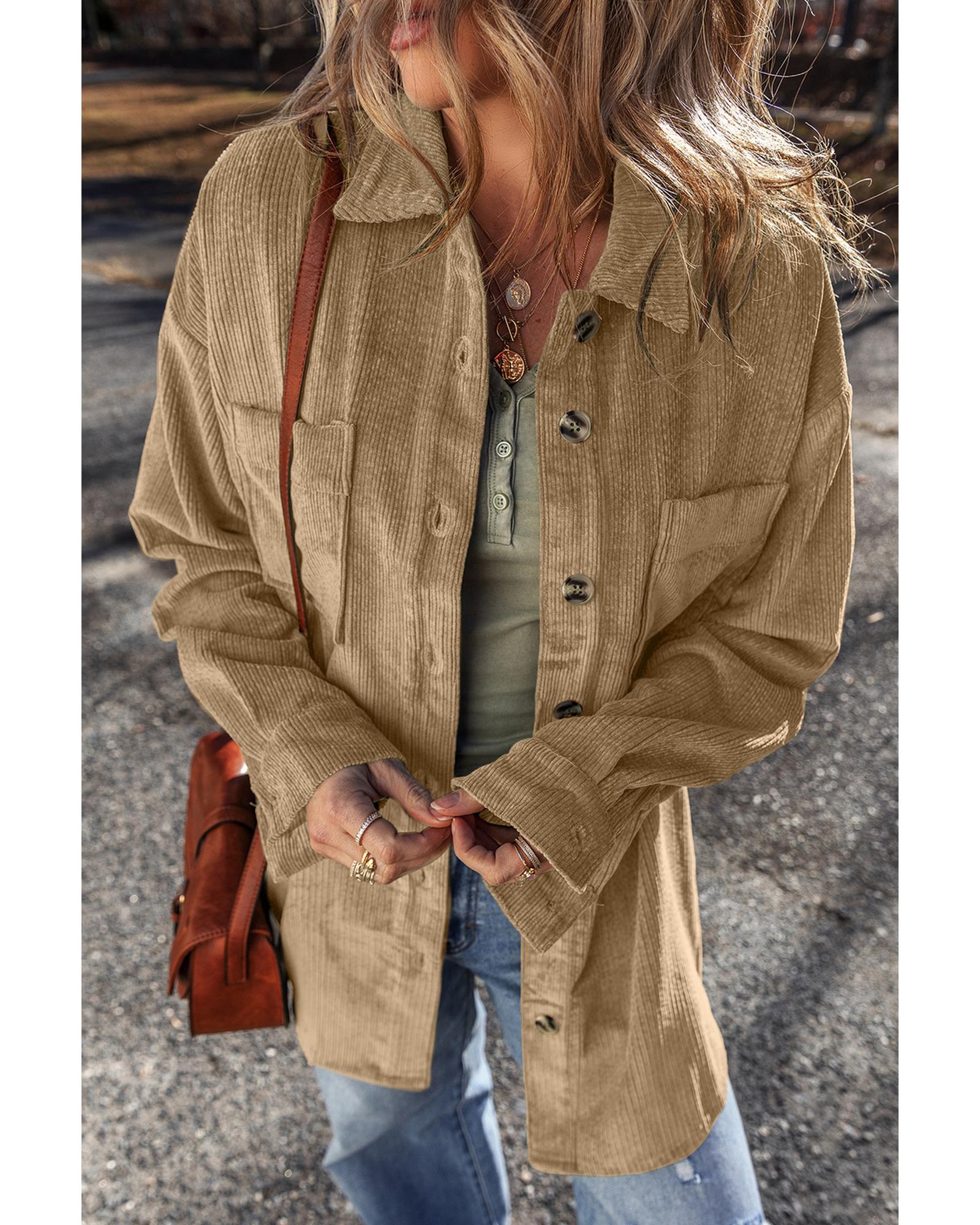 V539-AZEXDC854818-P4016-XL-202508311200-00 Light French Beige Patched Pocket Button Up Corduroy Shacket - XL - Image 1