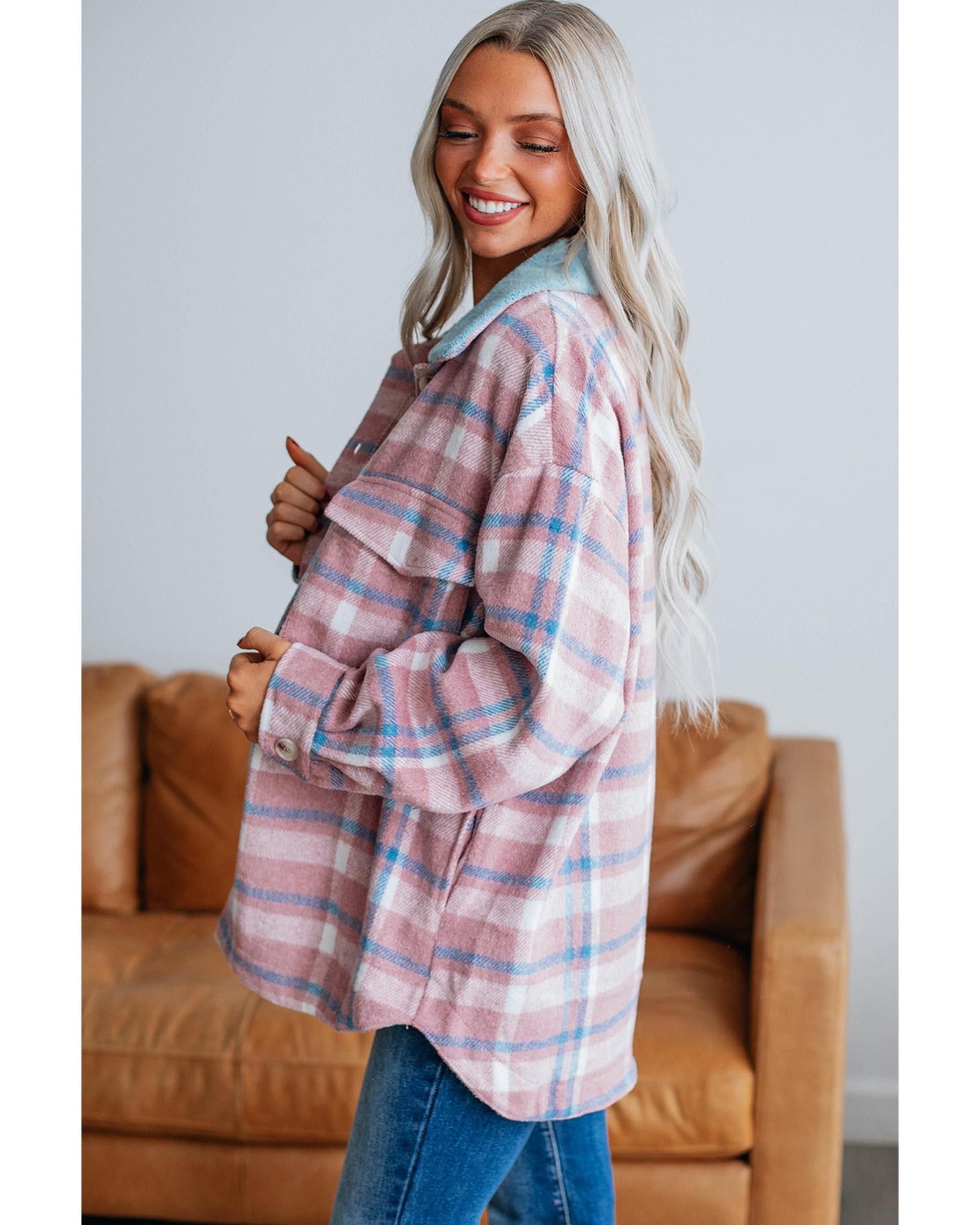 V539-AZEXDC854826-P1022-M-202508311345-00 Pink Plaid Print Color Block Collared Flap Pockets Loose Shacket - M - Image 1