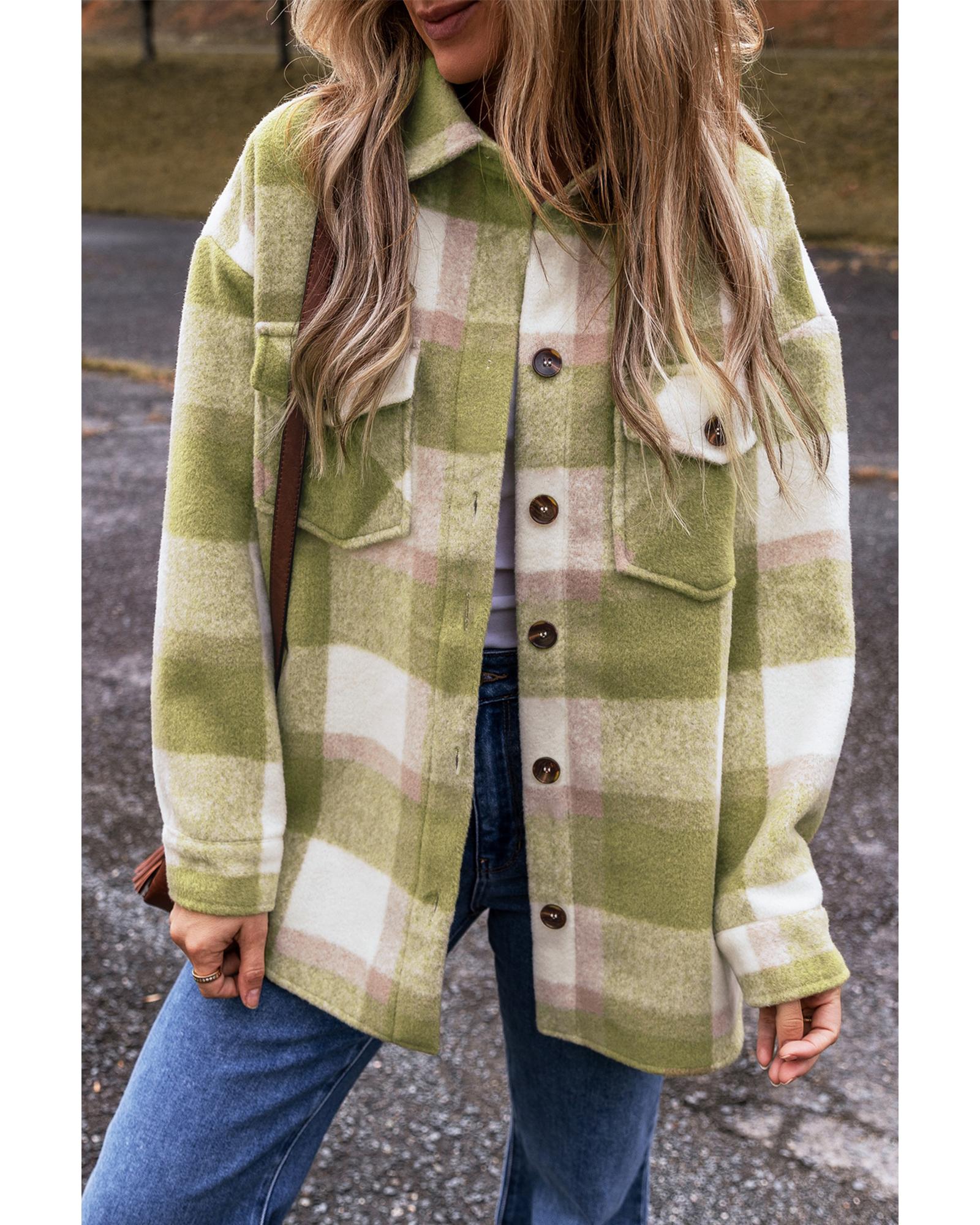 V539-AZEXDC854835-P909-S-202506182121-00 Sage Green Plaid Print Buttoned Flap Pockets Baggy Shacket - S - Image 1