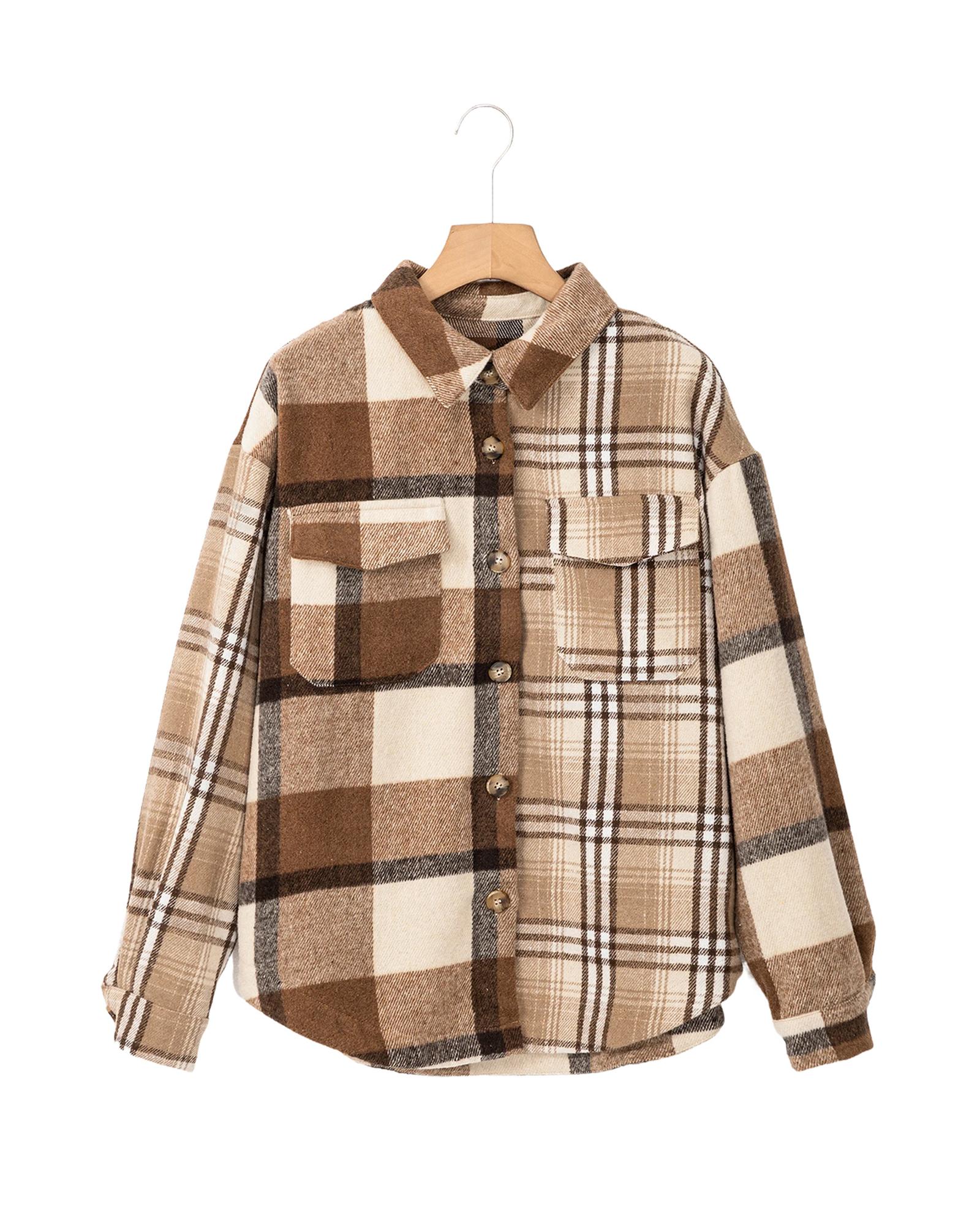 Light French Beige Flannel Plaid Double Flap Pocket Shacket - S