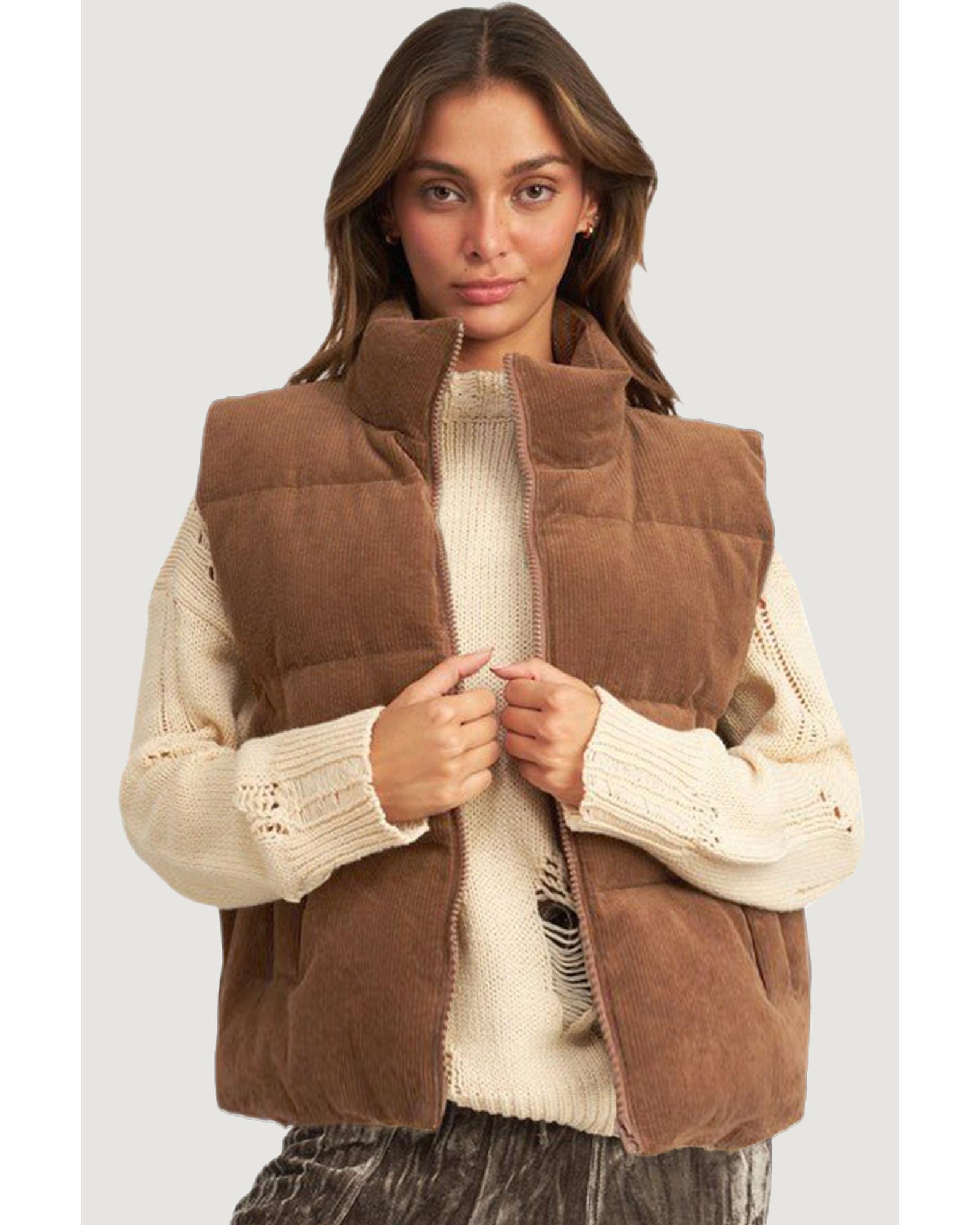 V539-AZEXDC856209-P1017-M-202508310850-00 Coffee Corduroy Stand Neck Zipped Puffer Vest - M - Image 1