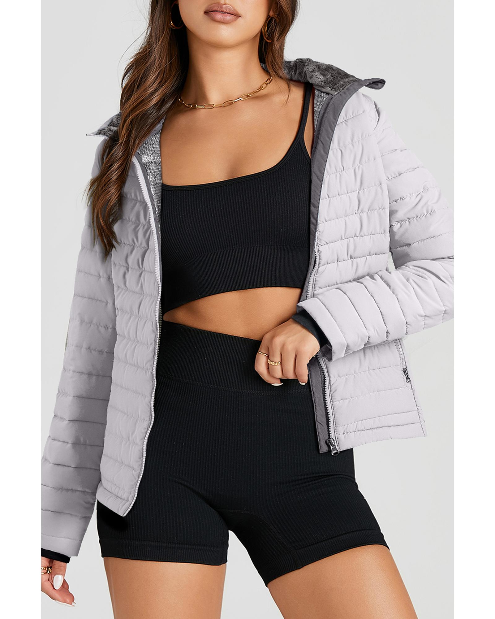 V539-AZEXDC856225-P13-2XL-202508311440-00 Silvery Solid Color Quilted Zip-up Puffer Jacket - 2XL - Image 1