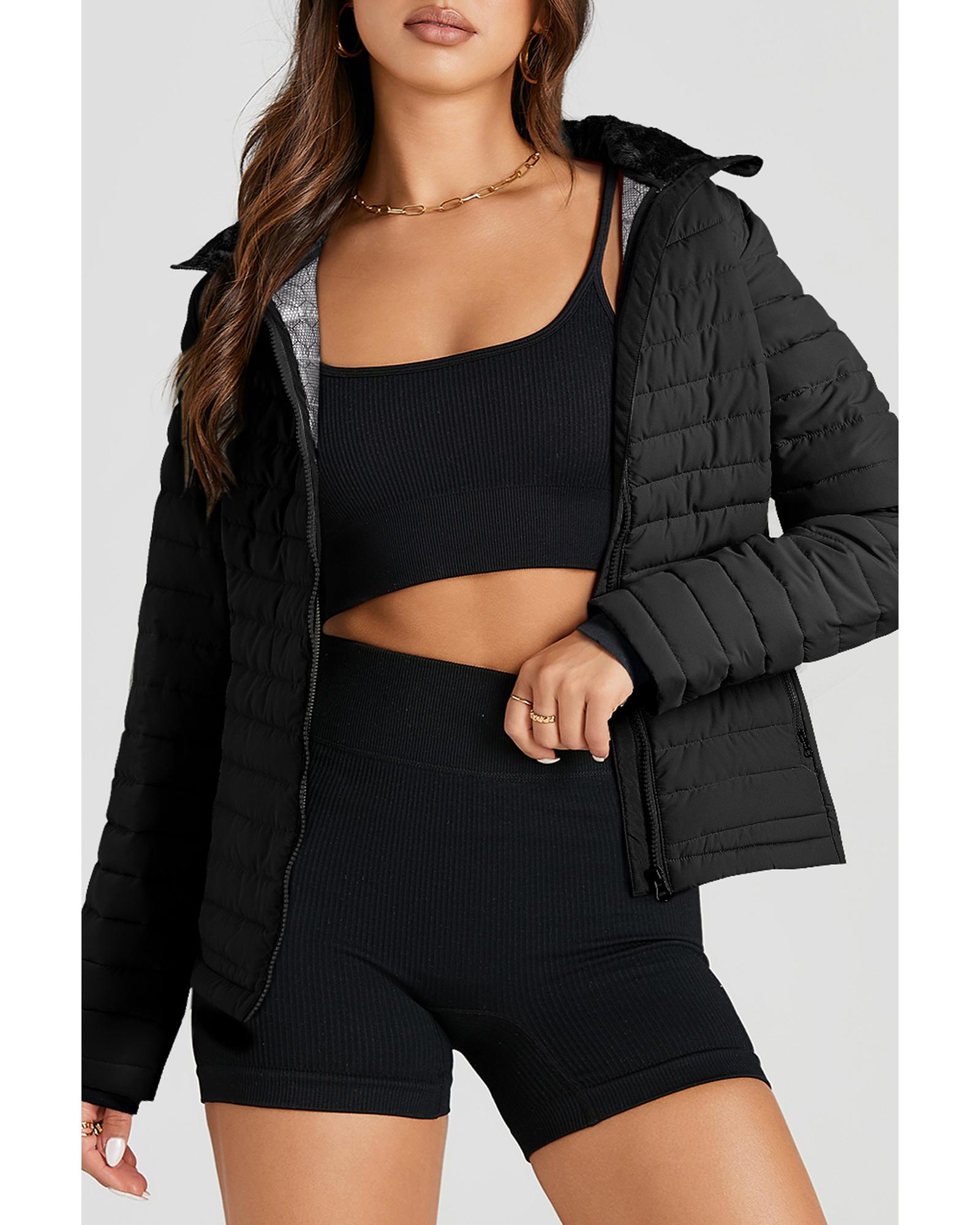 V539-AZEXDC856225-P2-S-202506181917-00 Black Solid Color Quilted Zip-up Puffer Jacket - S - Image 1