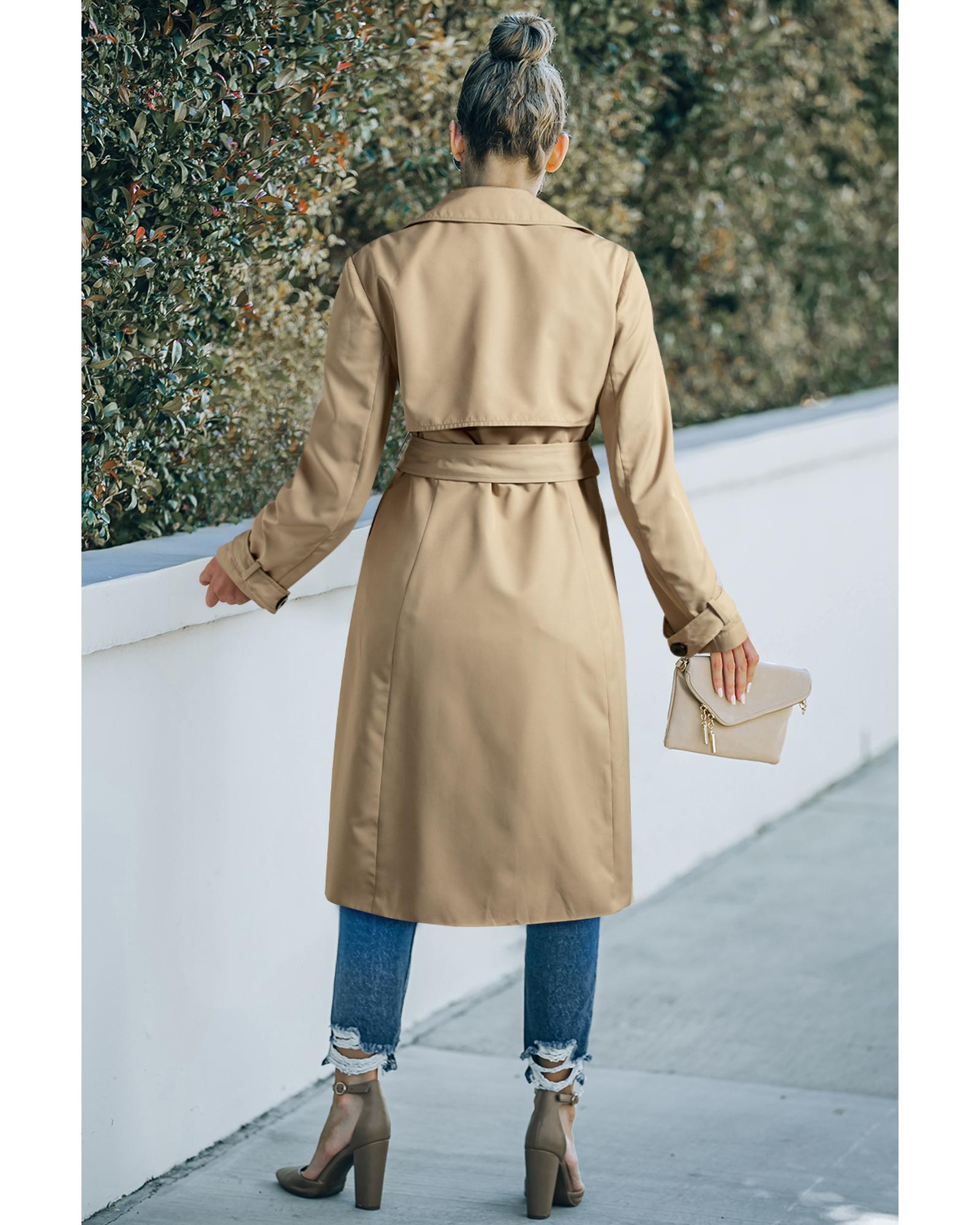 V539-AZEXDC859234-P5016-M-202508311520-00 Pale Khaki Solid Color Lapel Collar Waist Tie Wind Coat - M - Image 1