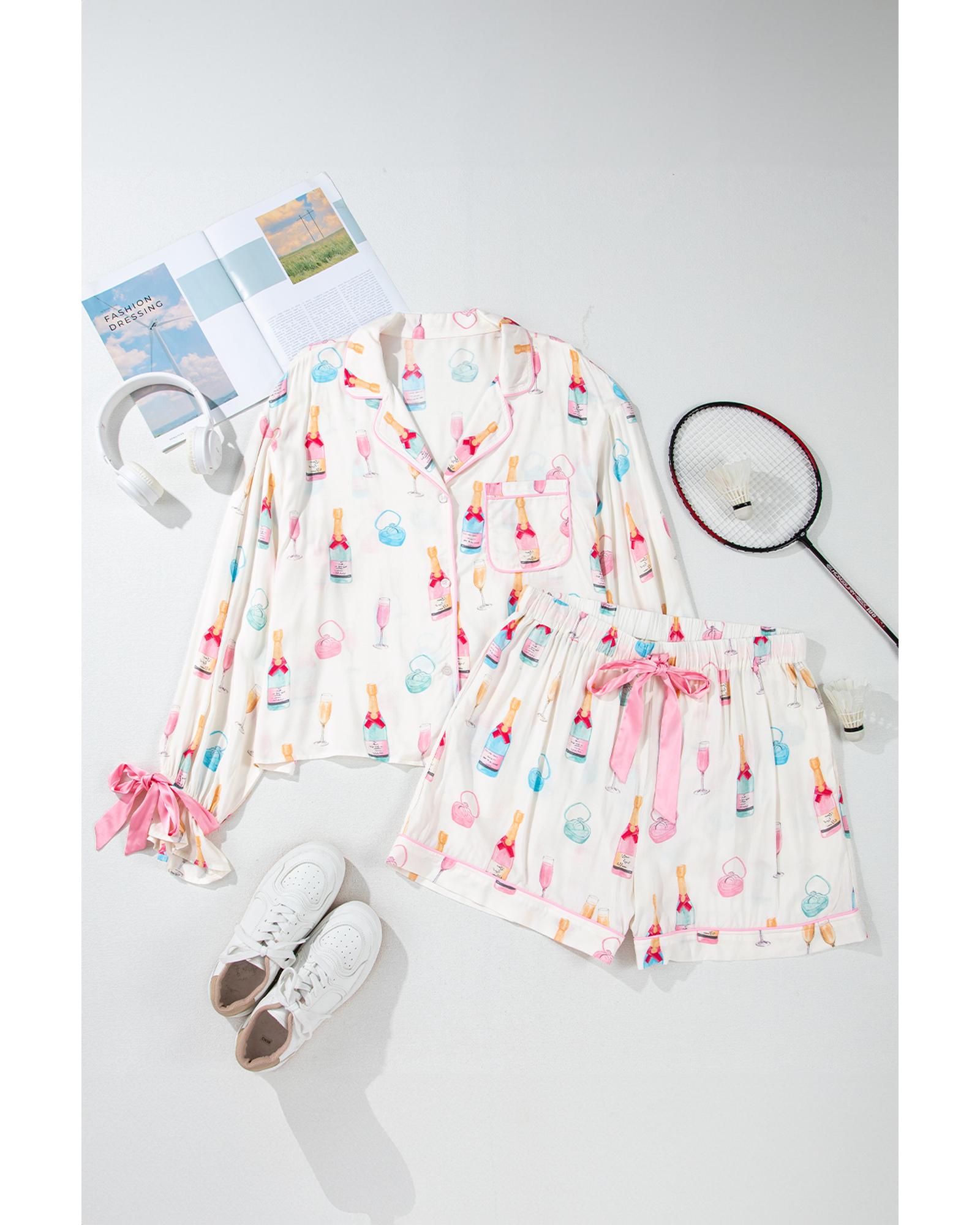 V539-AZEXPL15143-P120-4X-202508310315-00 White Plus Size Wine Glass Print Bow Knot Pajama Set - 4X - Image 1