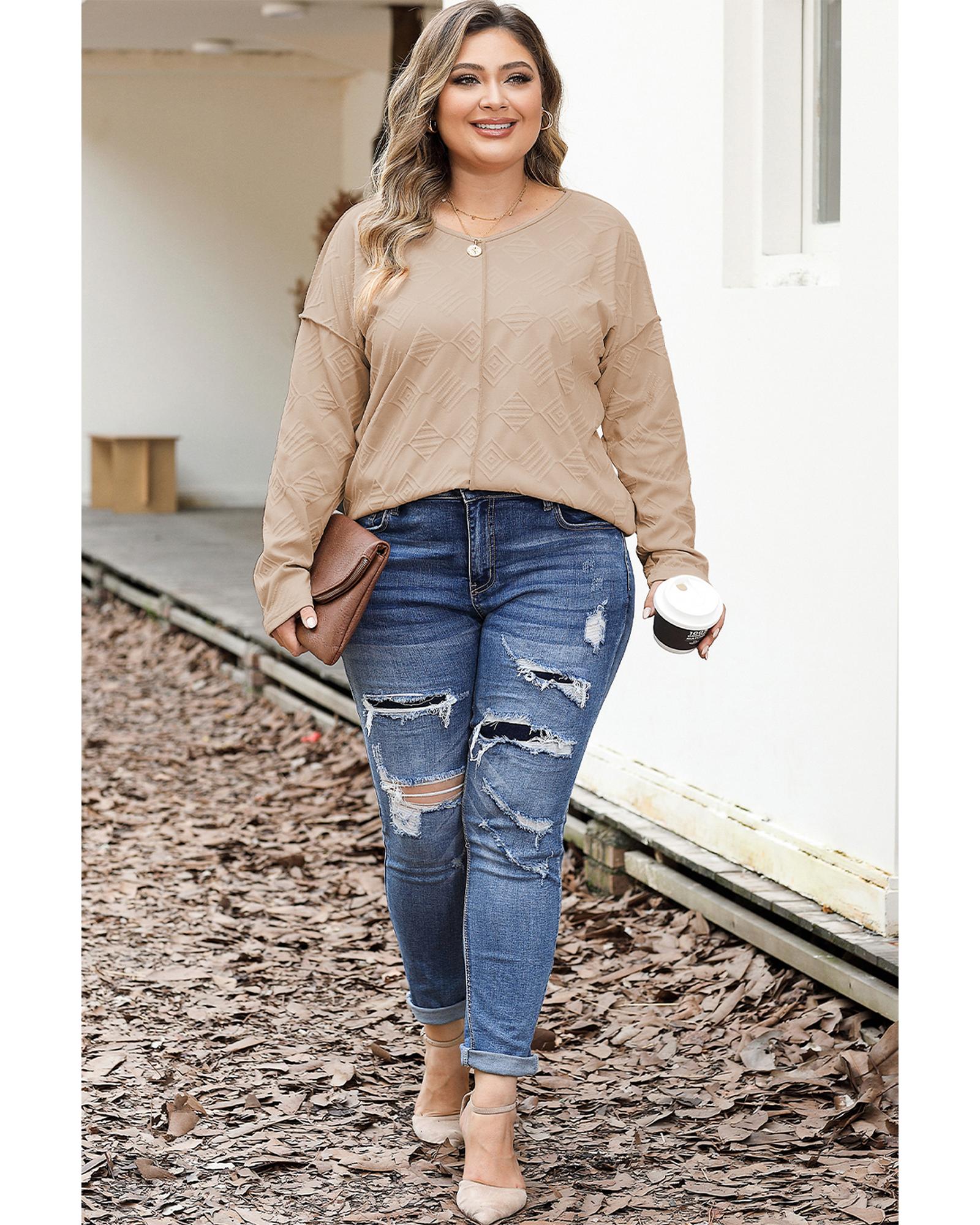 V539-AZEXPL2511155-16-1X-202508310655-00 Khaki Plus Size Textured Drop Shoulder Exposed Seam Top - 1X - Image 1