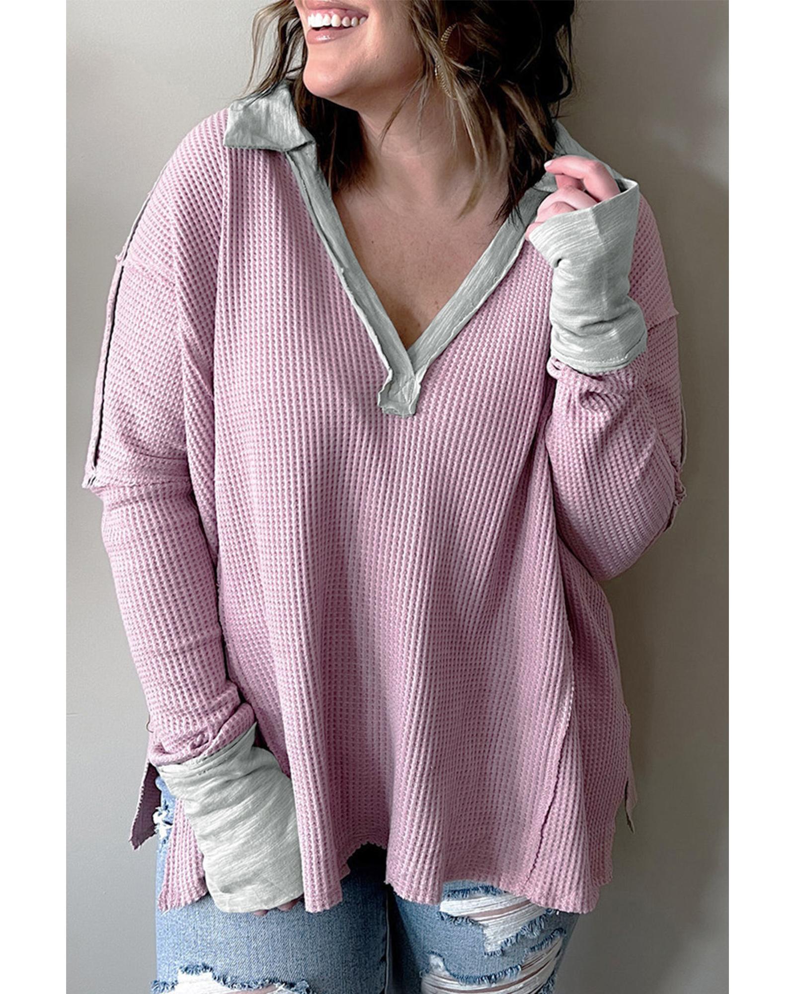 V539-AZEXPL2511158-10-1X-202508310815-00 Azura Exchange Pink Plus Size Exposed Seam Waffle Knit Top - 1X - Image 1