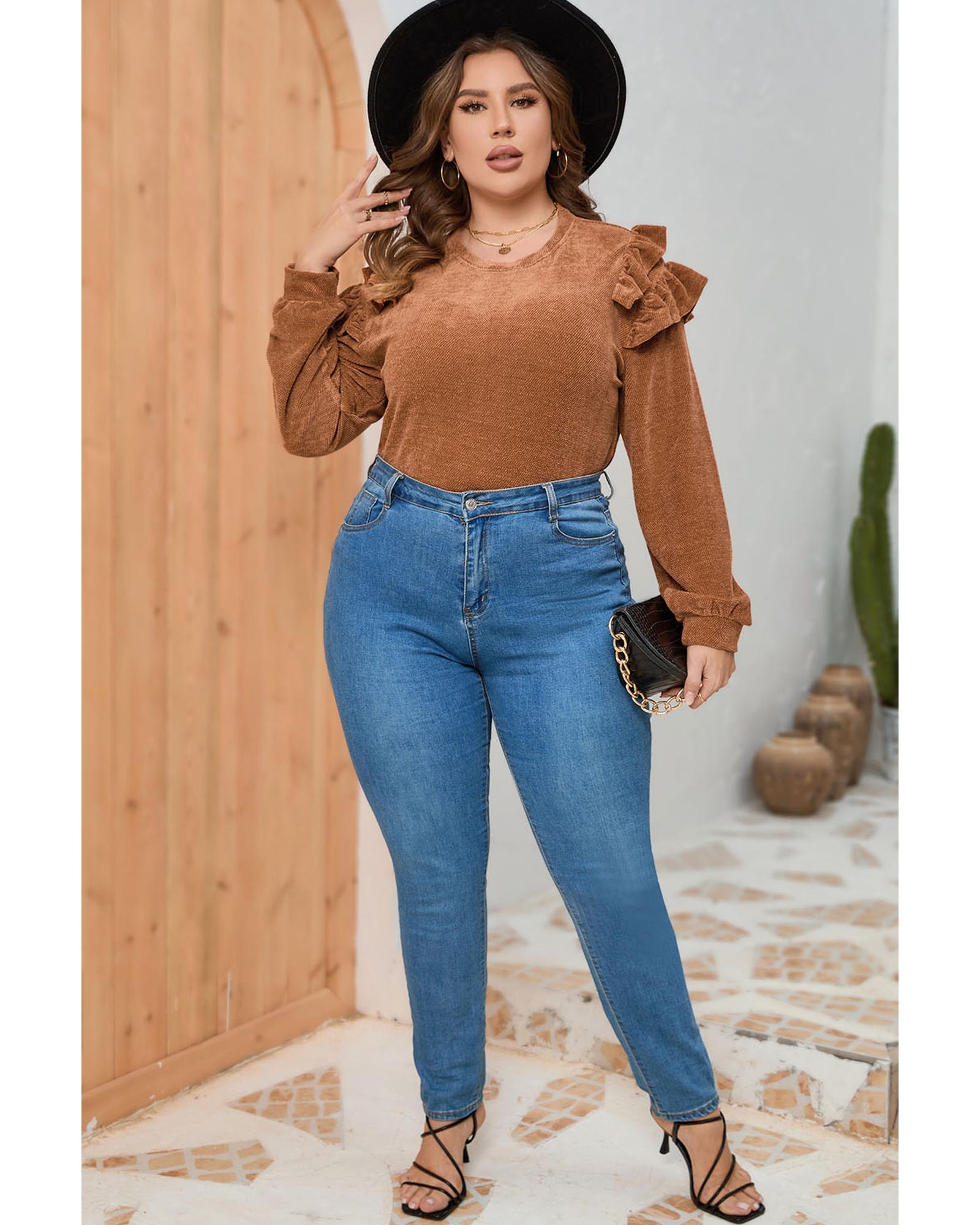 V539-AZEXPL2511161-17-1X-202506181946-00 Brown Plus Size Solid Ruffled Tiered Long Sleeve Top - 1X - Image 1