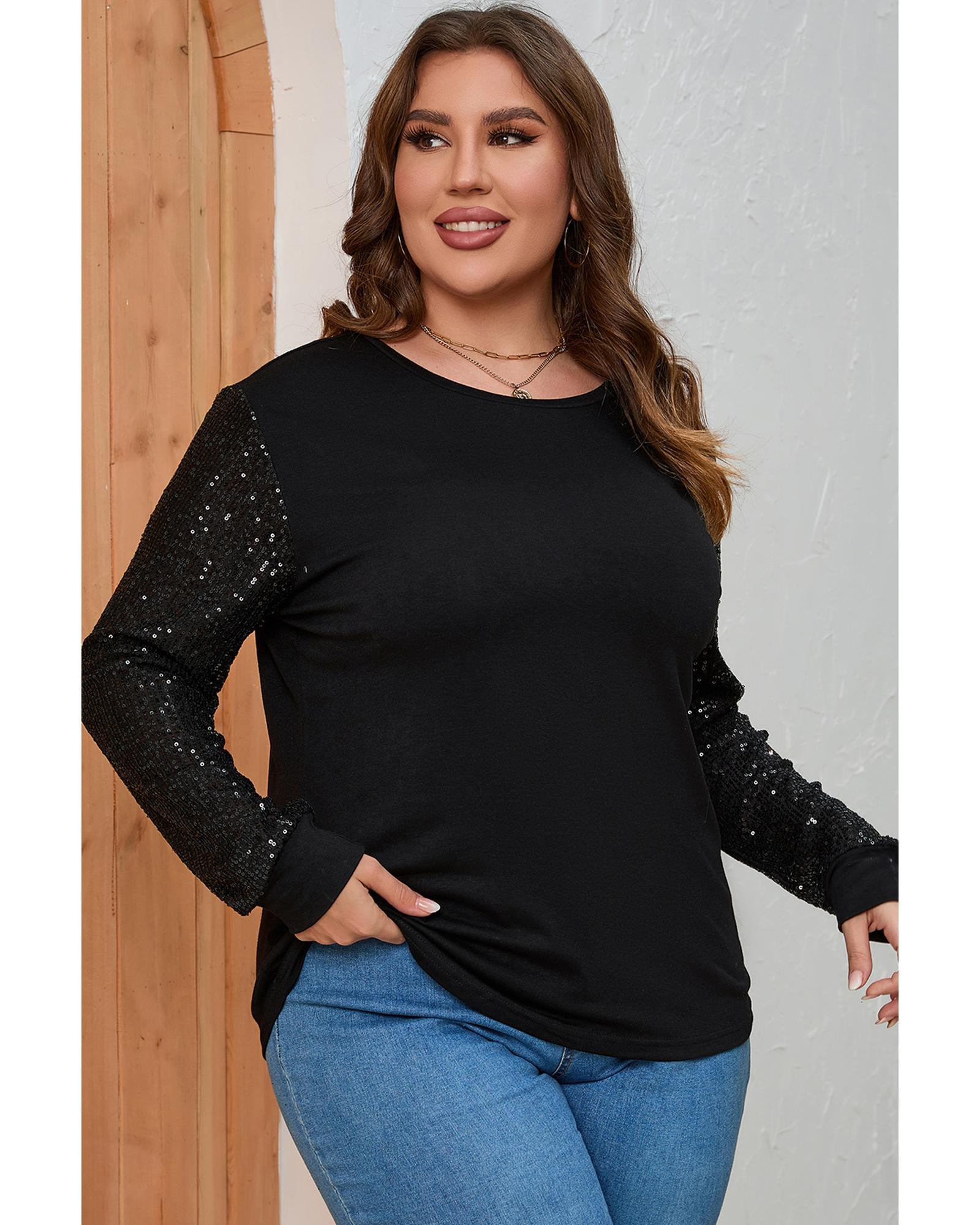 V539-AZEXPL2511213-2-2X-202508311205-00 Black Sequin Contrast Long Sleeve Plus Size Top - 2X - Image 1