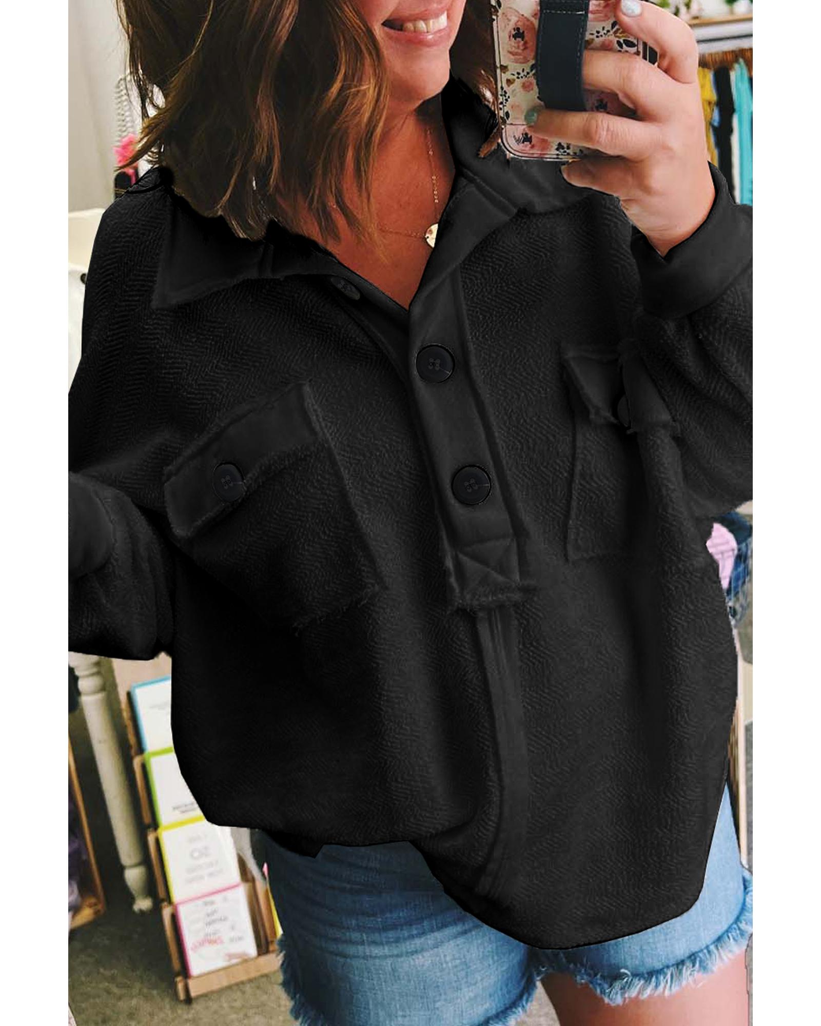 V539-AZEXPL2511216-P2-3X-202508310240-00 Black Plus Size Long Sleeve Flap Pocket Henley Top - 3X - Image 1