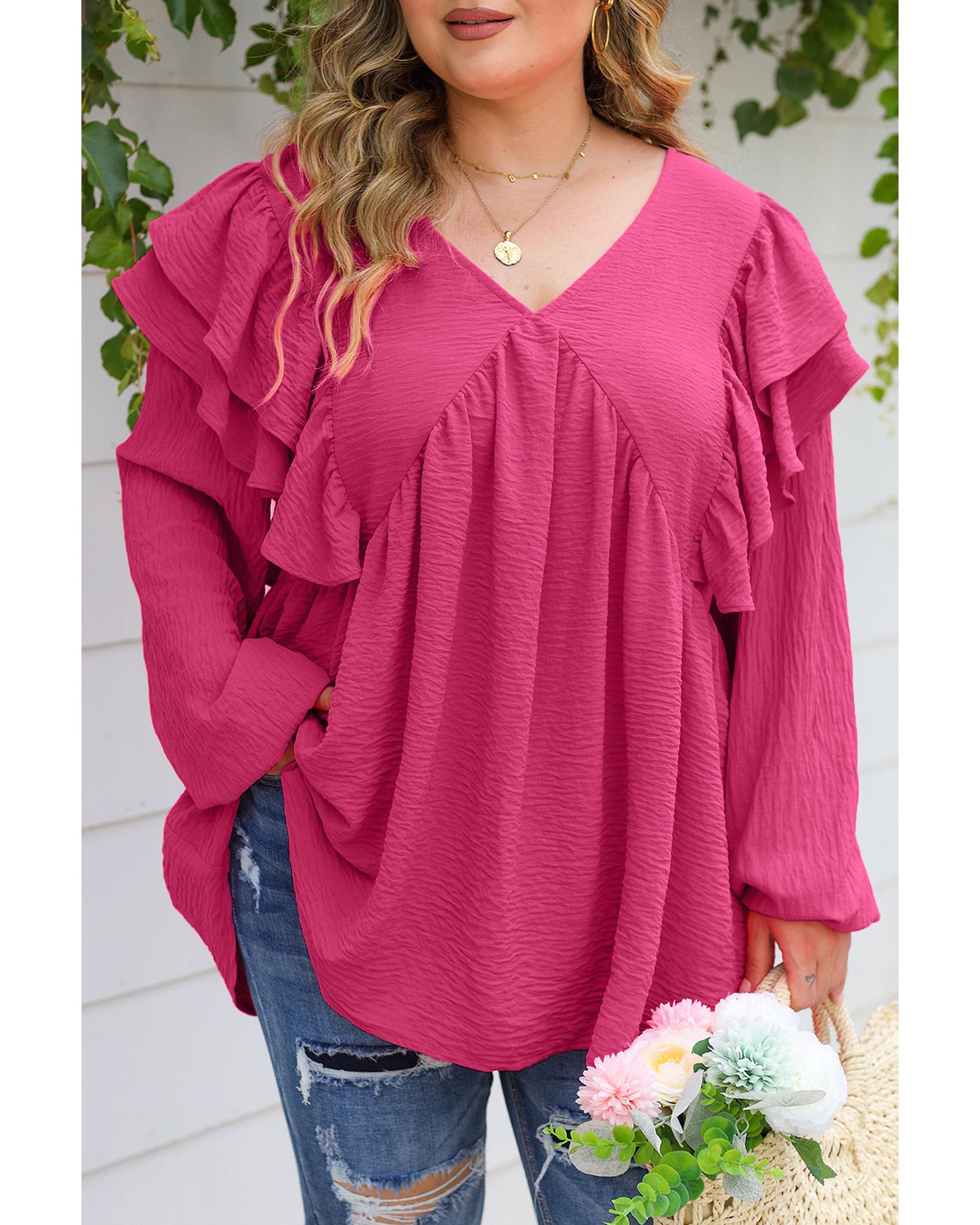 V539-AZEXPL2511255-10-1X-202506182012-00 Pink Crinkle Ruffled V Neck Plus Size Blouse - 1X - Image 1