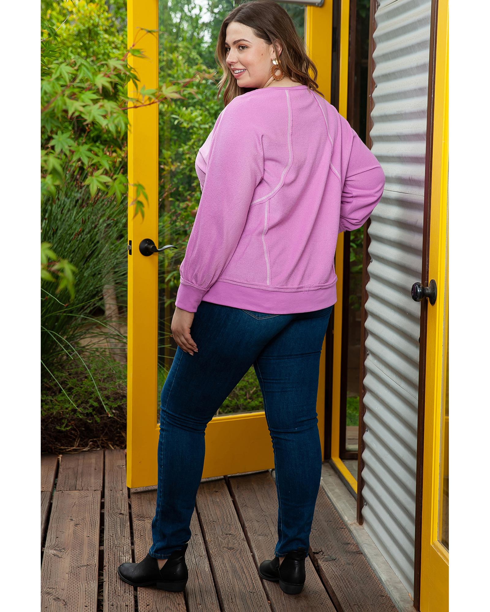 V539-AZEXPL2511301-10-1X-202506182022-00 Azura Exchange Pink Plus Size Exposed Seam Terry Long Sleeve Top - 1X - Image 1