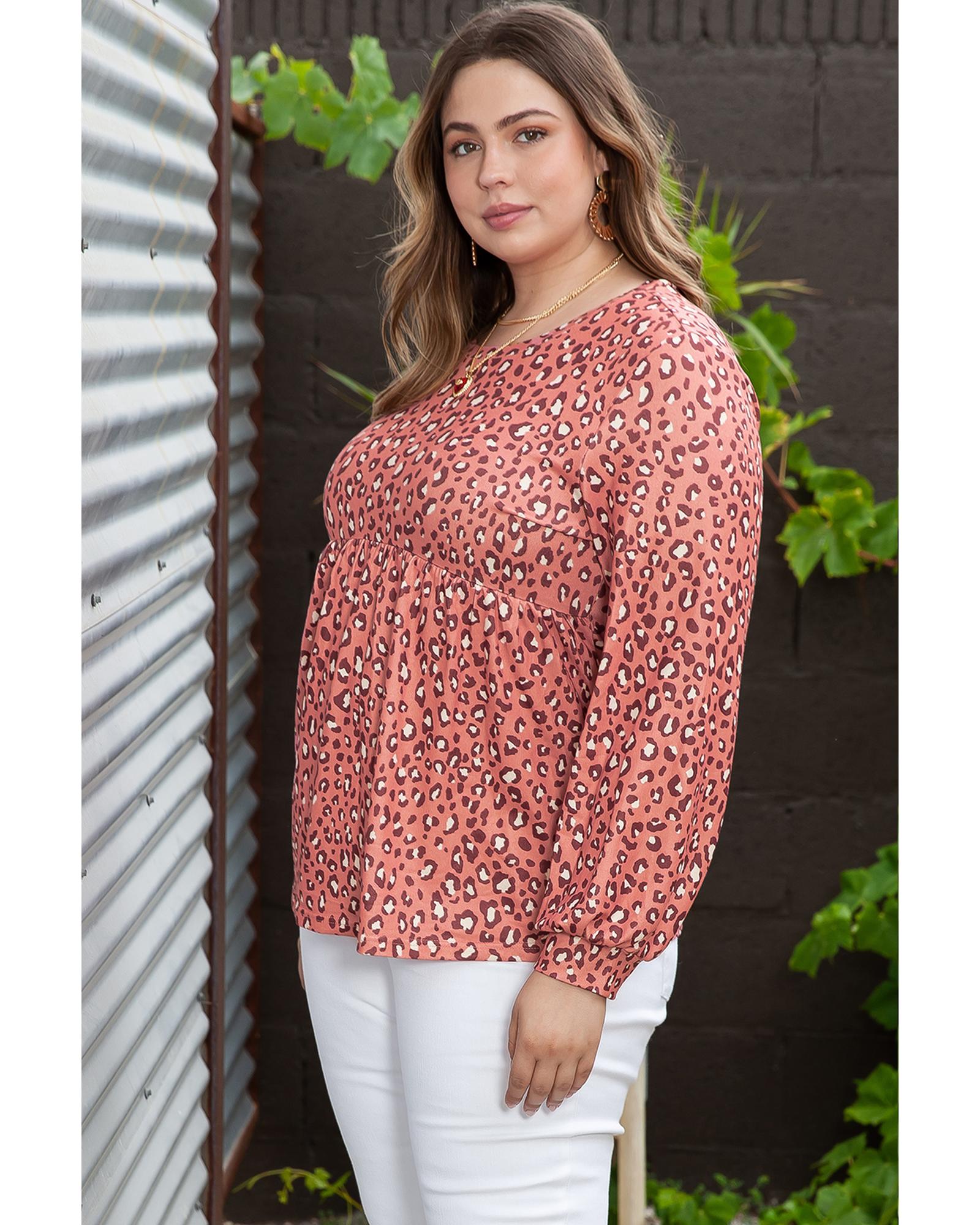 V539-AZEXPL2511326-20-1X-202506182025-00 Leopard Print Long Sleeve Ruffled Babydoll Plus Size Blouse - 1X - Image 1