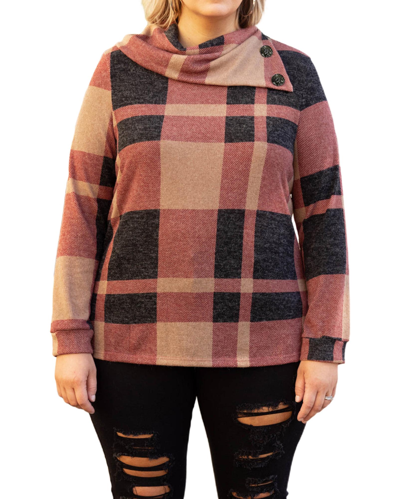 Mineral Red Plus Size Plaid Print Button Decor Asymmetric Neck Top - 2X