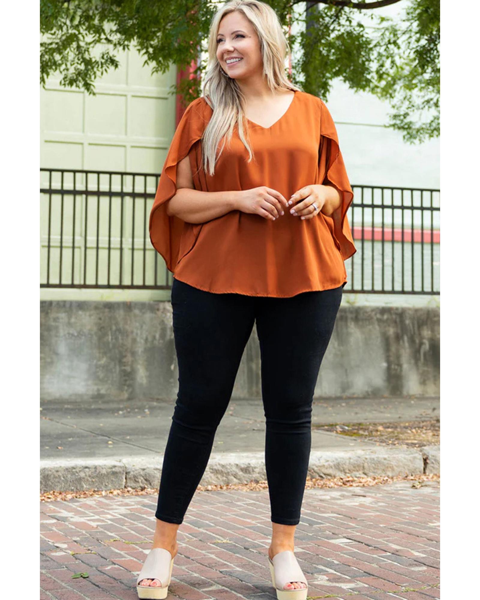 V539-AZEXPL2511754-P5014-1X-202506182105-00 Gold Flame Plus Size Solid Wrapped Ruffled Sleeve V Neck Blouse - 1X - Image 1