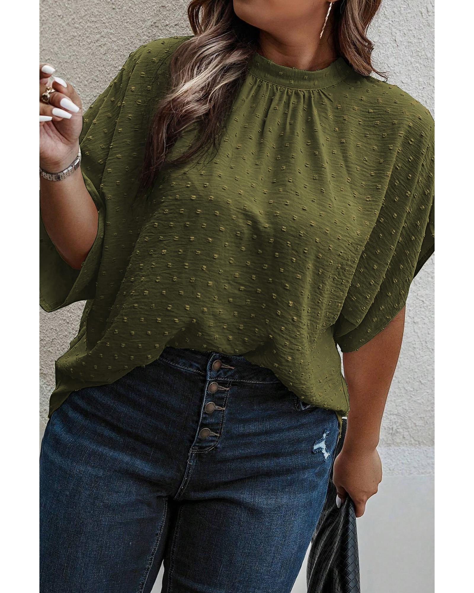 V539-AZEXPL2511773-P1609-2X-202508310605-00 Moss Green Plus Size Swiss Dot Mock Neck Tied Nape Top - 2X - Image 1