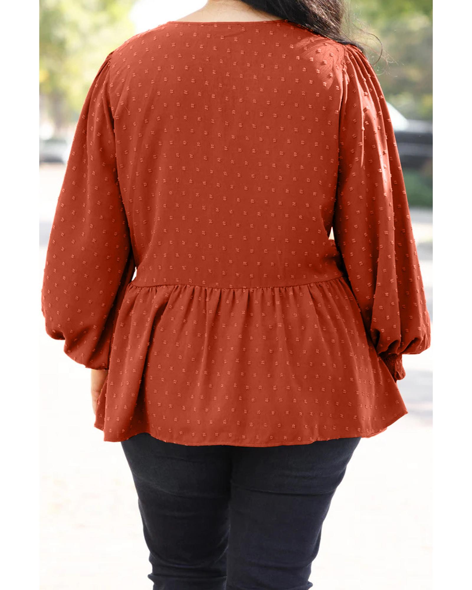 V539-AZEXPL2511786-P5014-3X-202508310730-00 Gold Flame Plus Size Swiss Dot V Neck Wrap Tie Side Blouse - 3X - Image 1