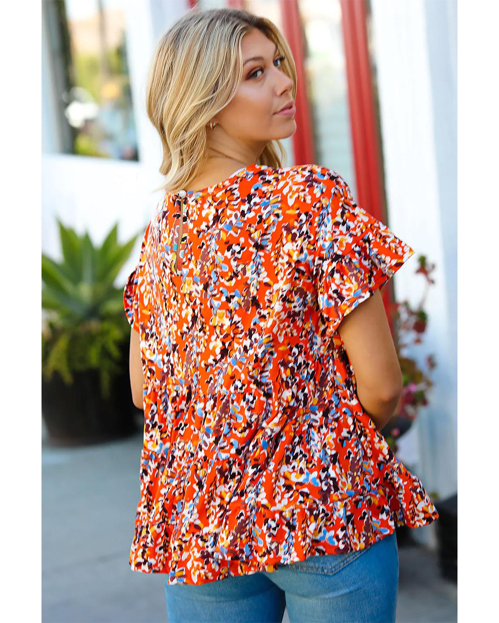 V539-AZEXPL2511788-P1420-3X-202508310900-00 Orange Floral Printed Ruffle Sleeve Curvy Babydoll Blouse - 3X - Image 1