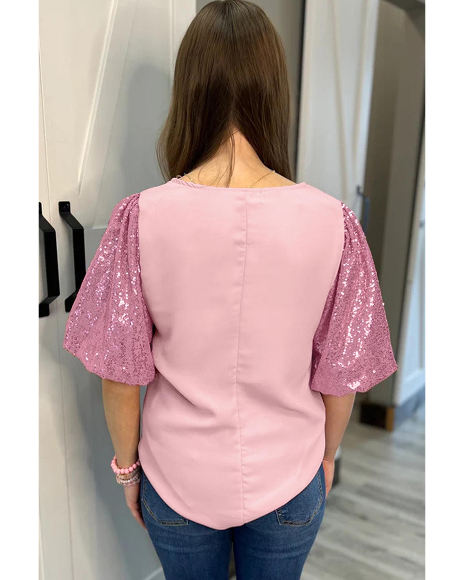 V539-AZEXPL2511922-P10-2X-202508311145-00 Pink Contrast Sequin Bubble Sleeve Plus Size T-shirt - 2X - Image 1
