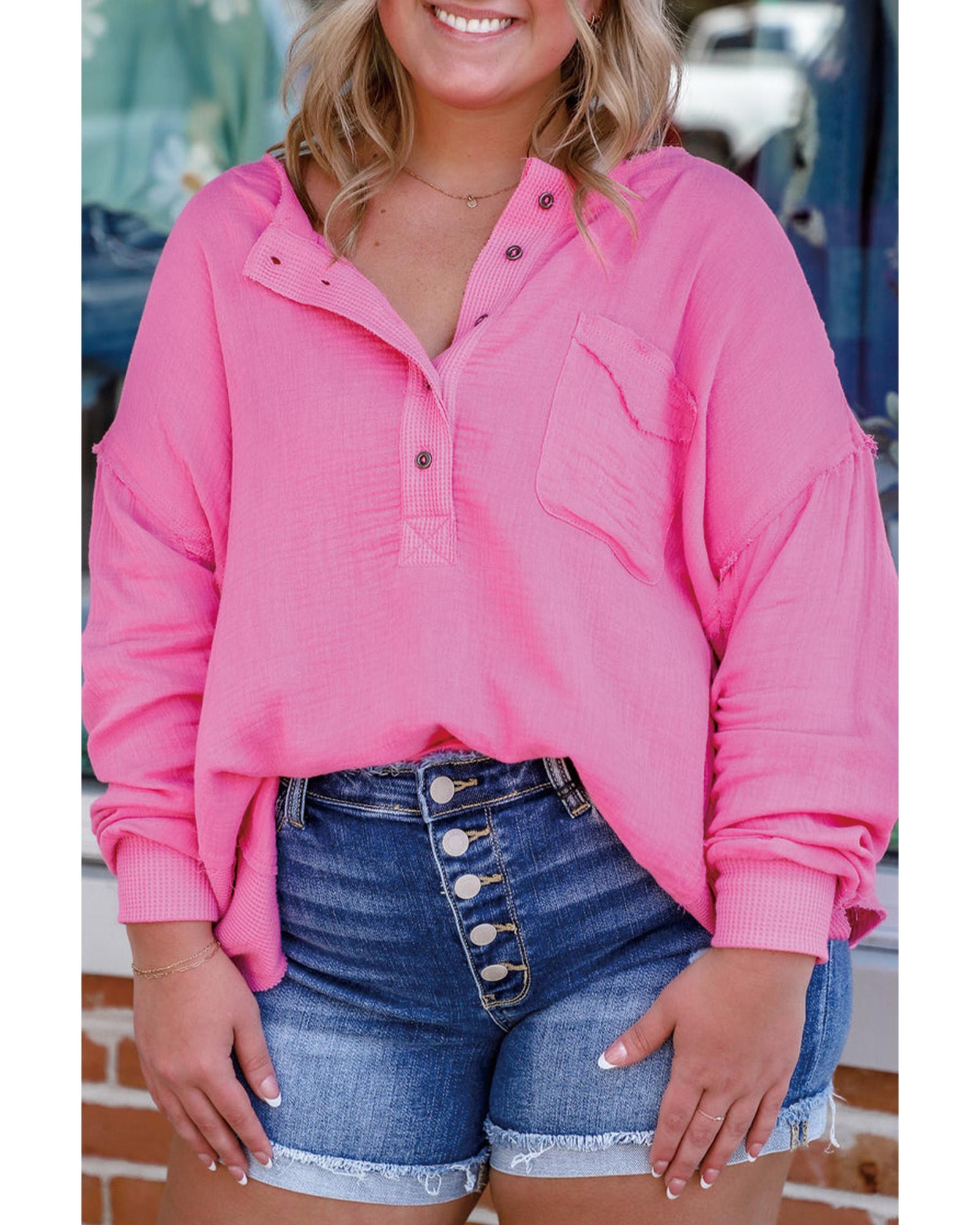V539-AZEXPL2512372-P3010-1X-202506182120-00 Bonbon Half Buttons Chest Pocket Drop Sleeve Plus Size Top - 1X - Image 1