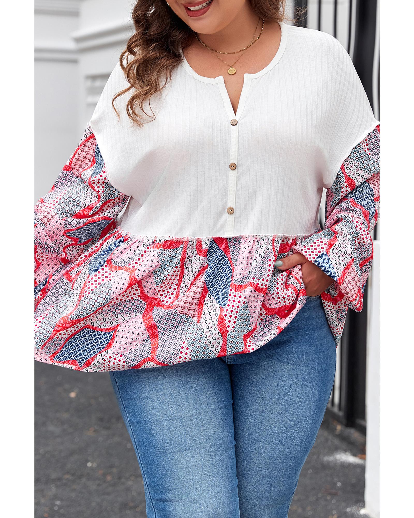 Apricot Plus Size Printed Patchwork Textured Buttoned Blouse - 2X