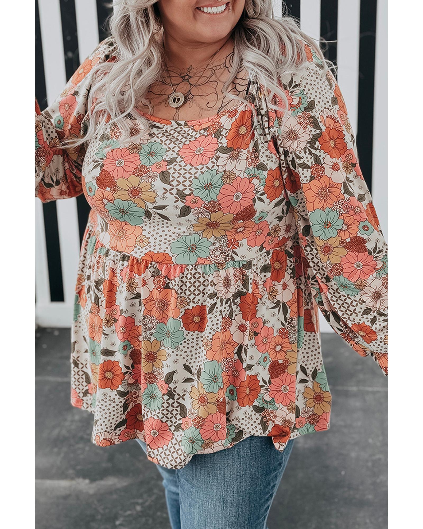 Khaki Plus Size Flower Print Square Neck Peplum Blouse - 2X