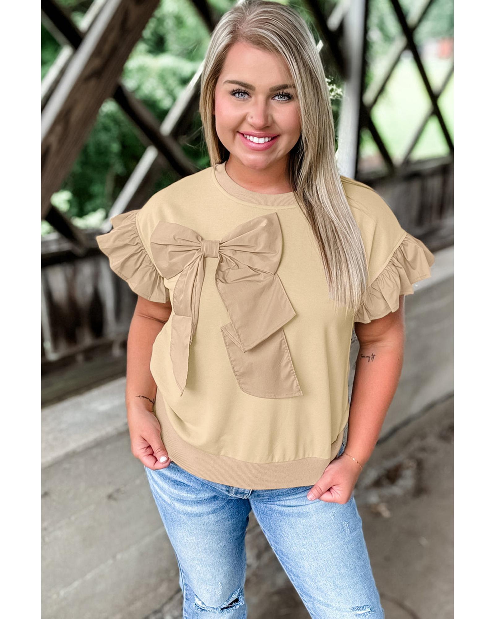 V539-AZEXPL2512606-P6016-2X-202506182145-00 Parchment Ruffled Short Sleeve Bowknot Applique Crew Neck Plus Size Top - 2X - Image 1