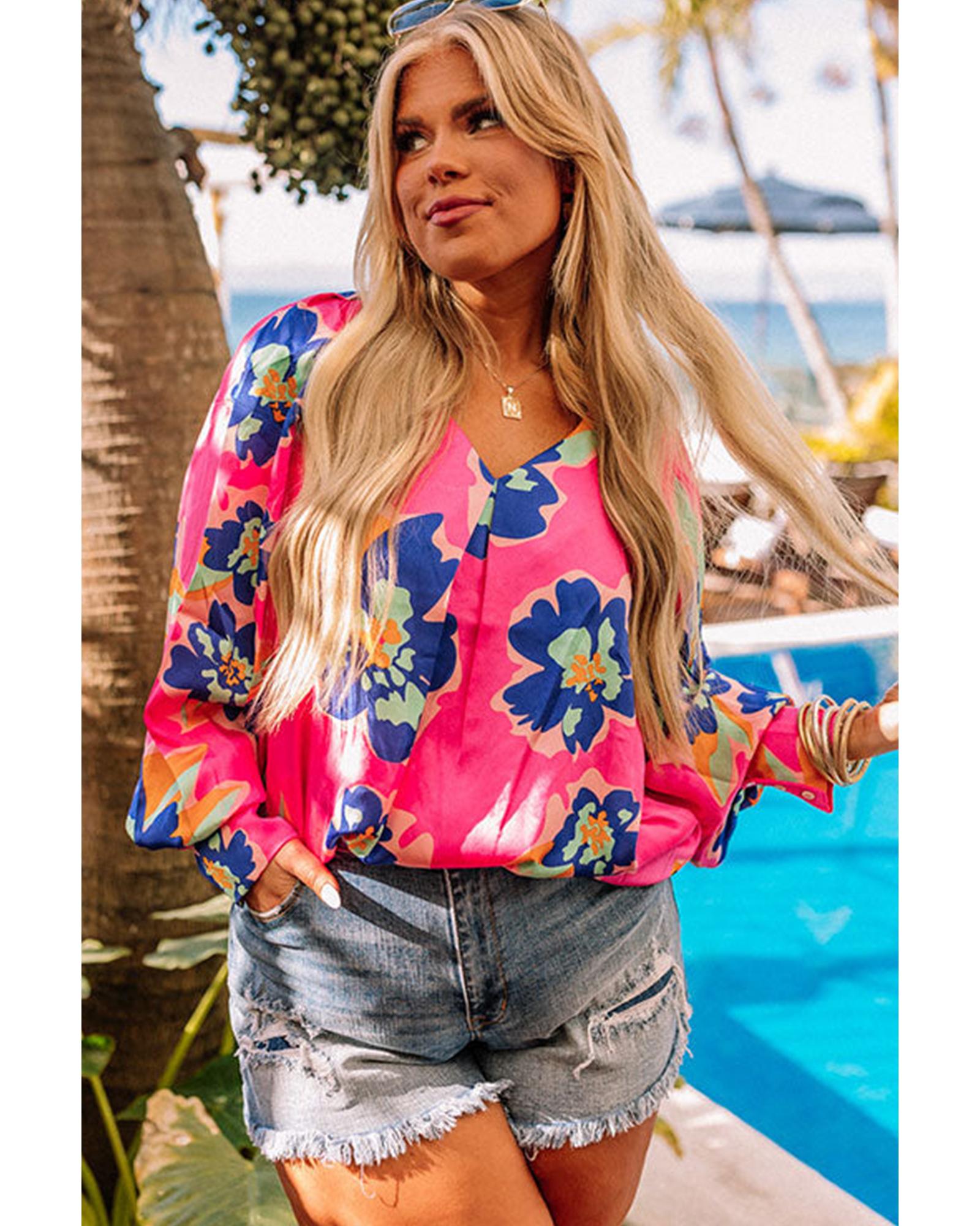 V539-AZEXPL2512611-P620-4X-202508310840-00 Rose Floral Pattern V Neck Balloon Sleeve Plus Size Blouse - 4X - Image 1